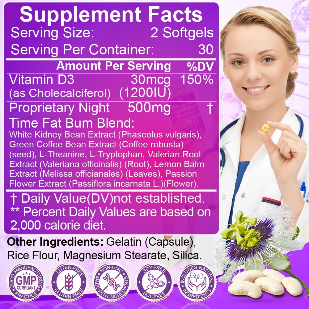 Night Time Fat Burner for Weight Loss Support Sleep Aid Appetite Suppressant-