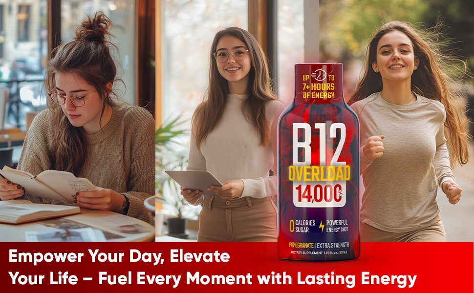 (48 Pack) GAQ B12 Overload Energy Shots, Pomegranate, Up to 7+ Hours of Energy