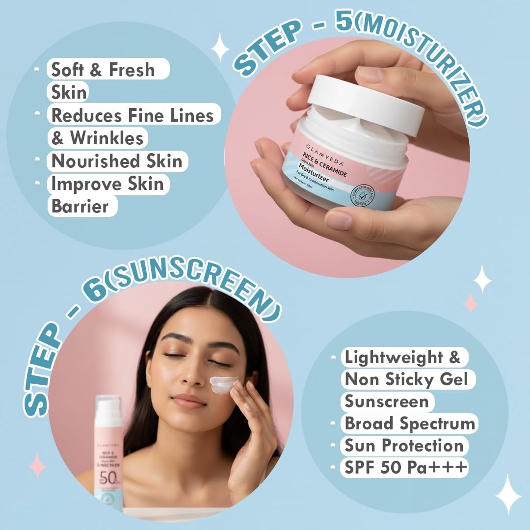 Glamveda Korean Rice Ceramide 6 Step Skincare Kit for Glowing Skin Skincare Gift