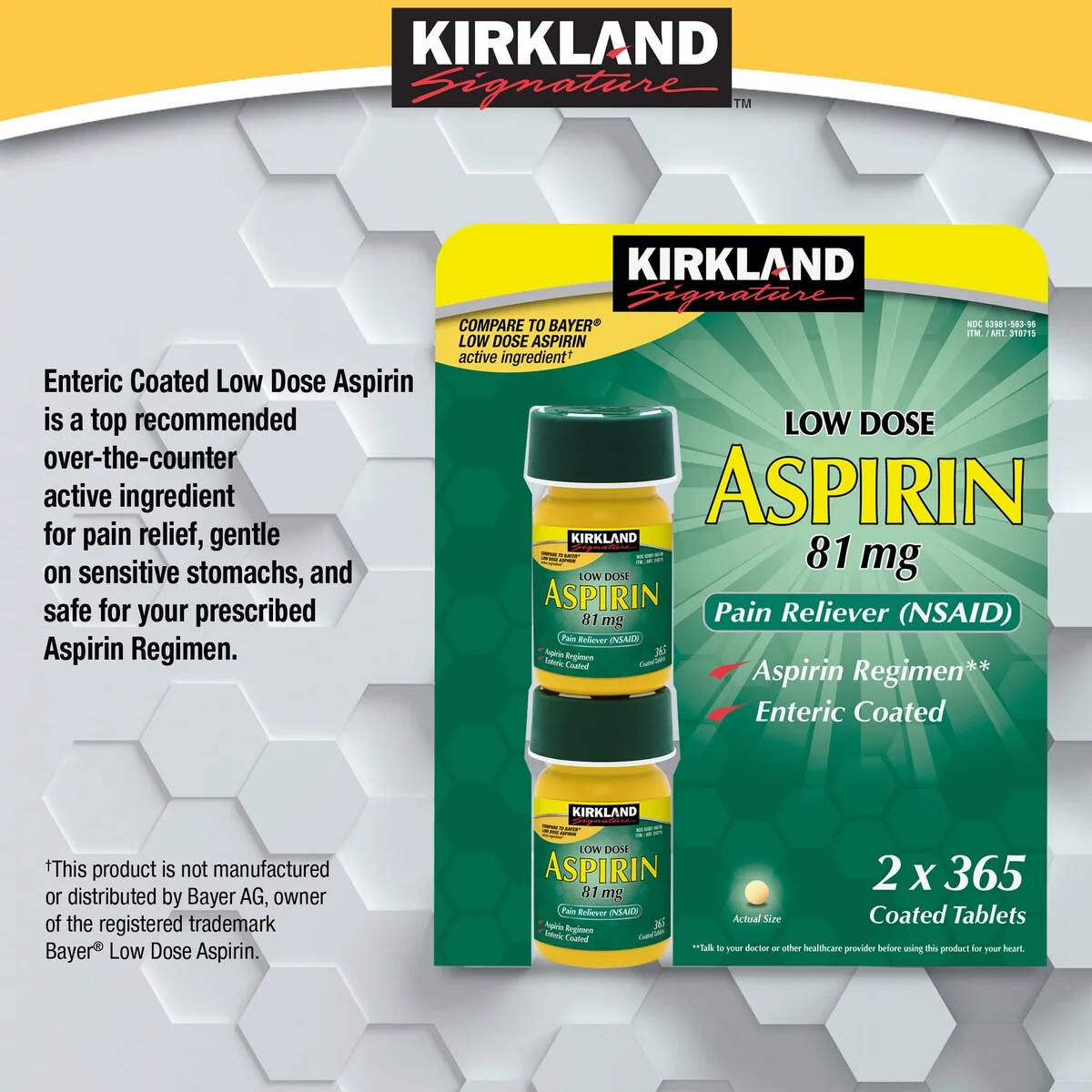 Kirkland Signature Low Dose Aspirin 81mg 730 Tablets 365 Ct 2-Pack (EXP-01/2027)