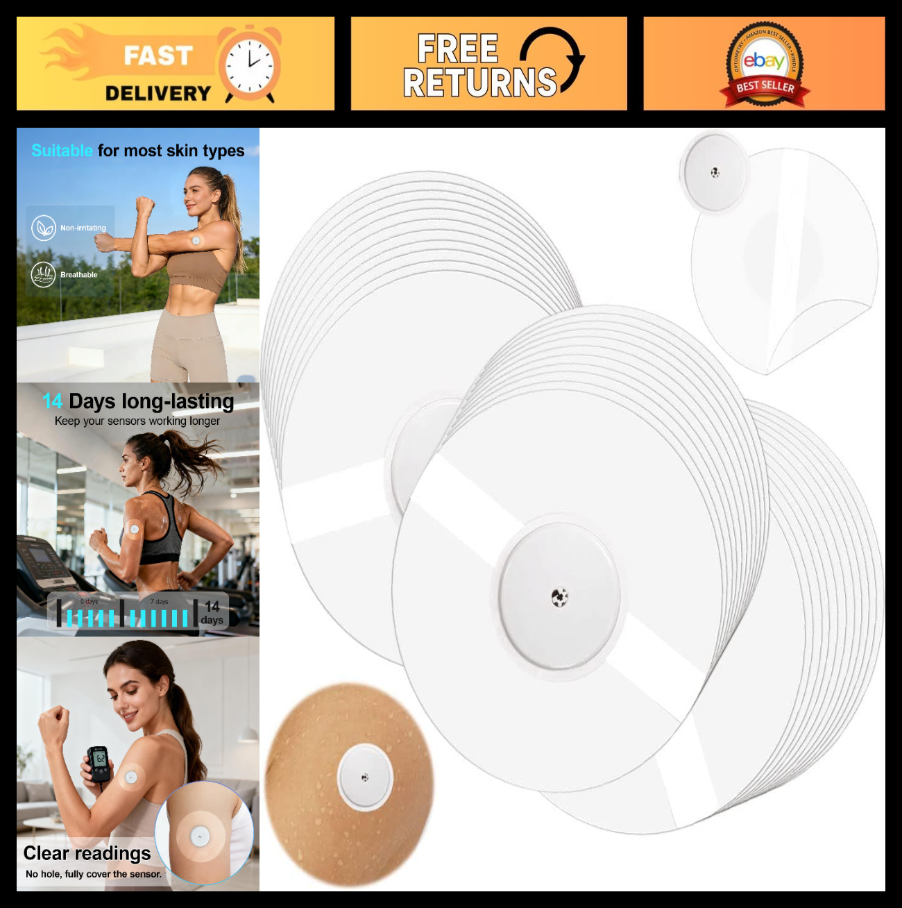 Waterproof Sensor Covers 55 Pack, Transparent Adhesive Patch for CGM, 14 Days Fi