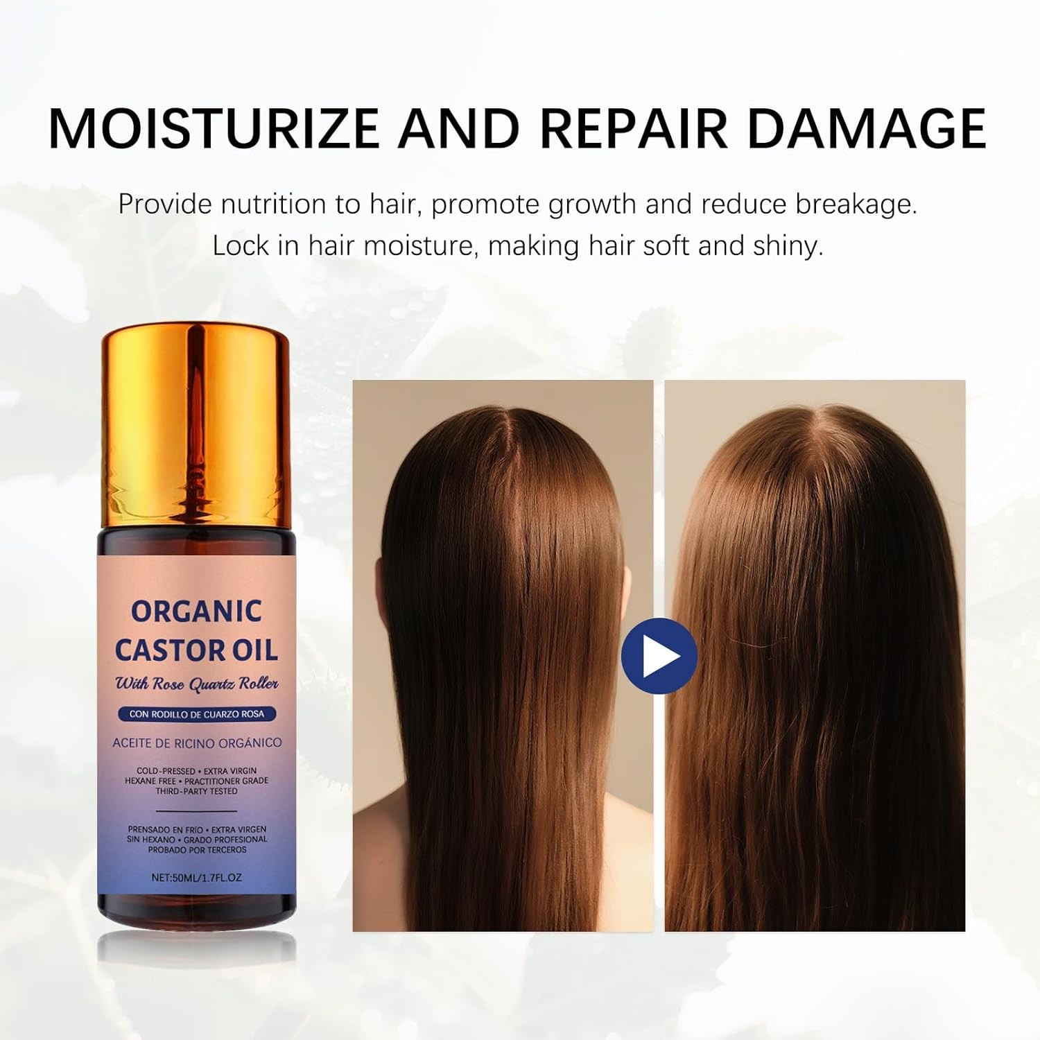 Organic Golden Castor Oil Roll-On with Rose Quartz for Skin,Hair Growth&Wrinkle