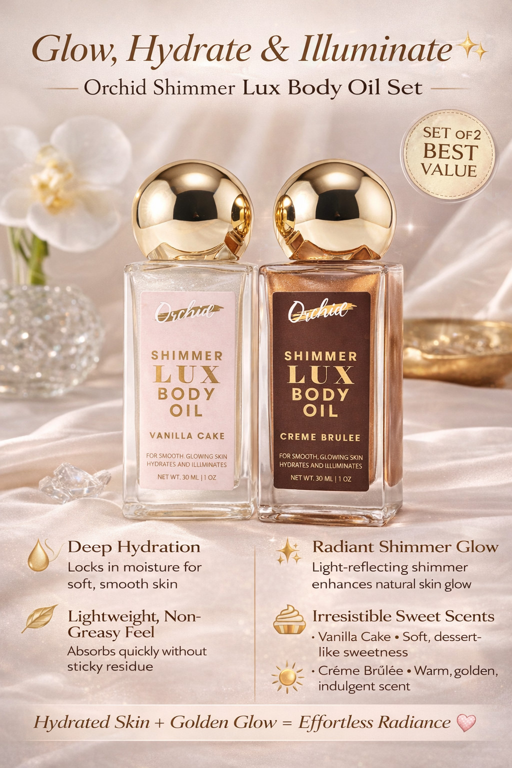 Orchid Shimmer Lux Body Oil Set 2 Vanilla Cake & Creme Brulee Glow