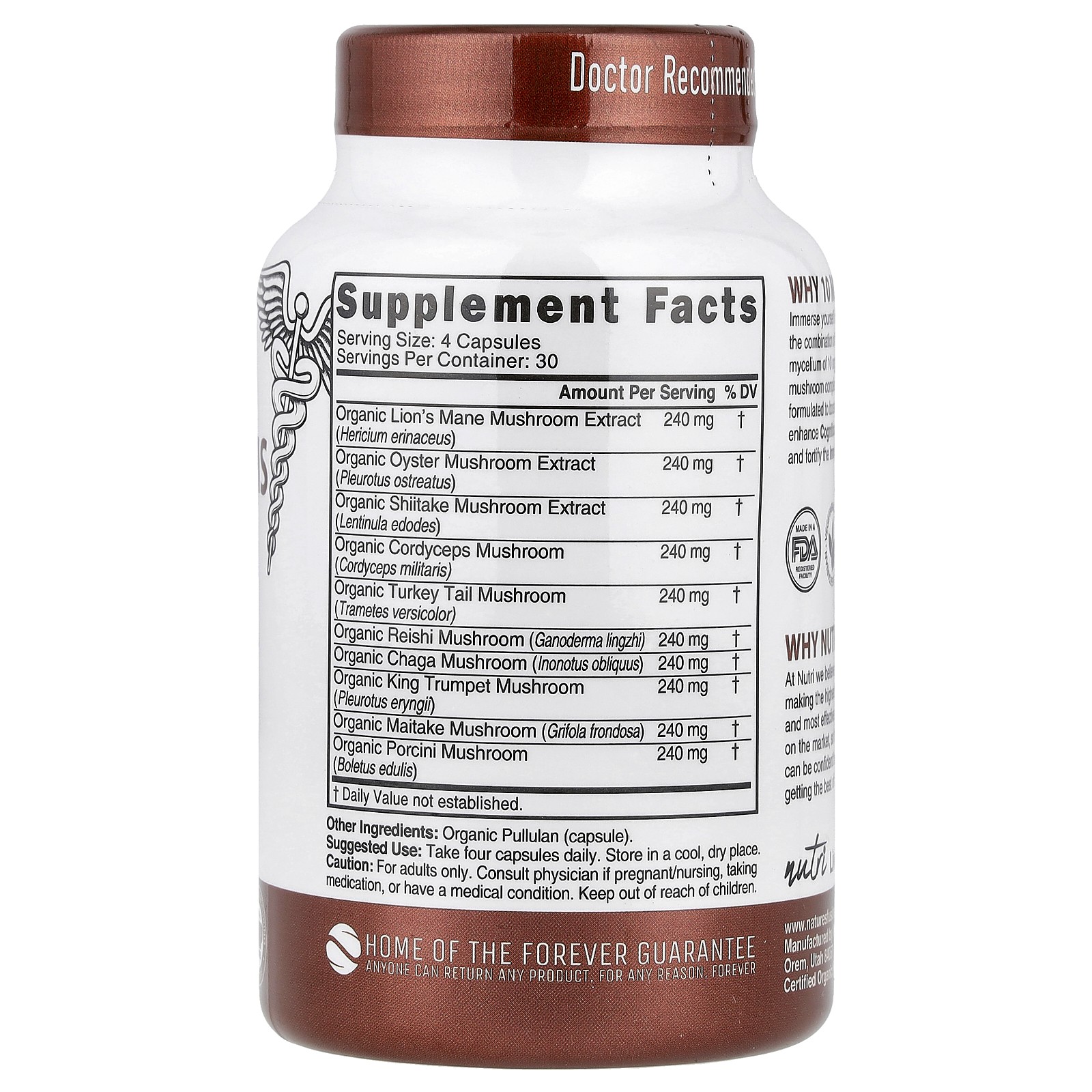 Nutri, Organic 10 Mushrooms, Lion’s Mane, Shiitake, Reishi, 2,400 mg, 120