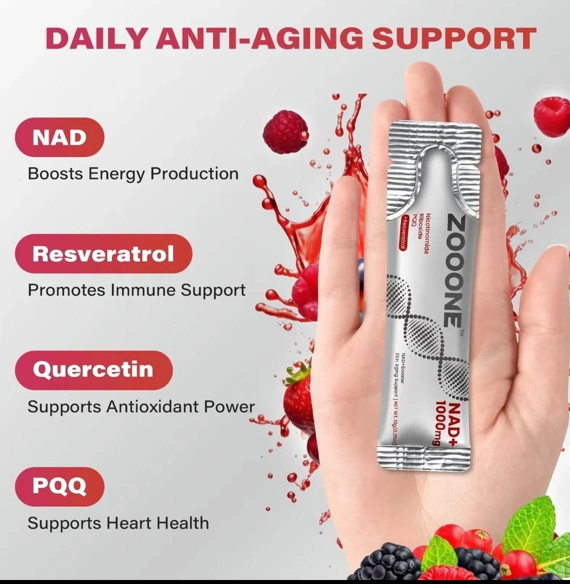ZOOONE 1000mg NAD+ Berry Drink Mix 30 Pack Anti-Aging Energy Focus Support