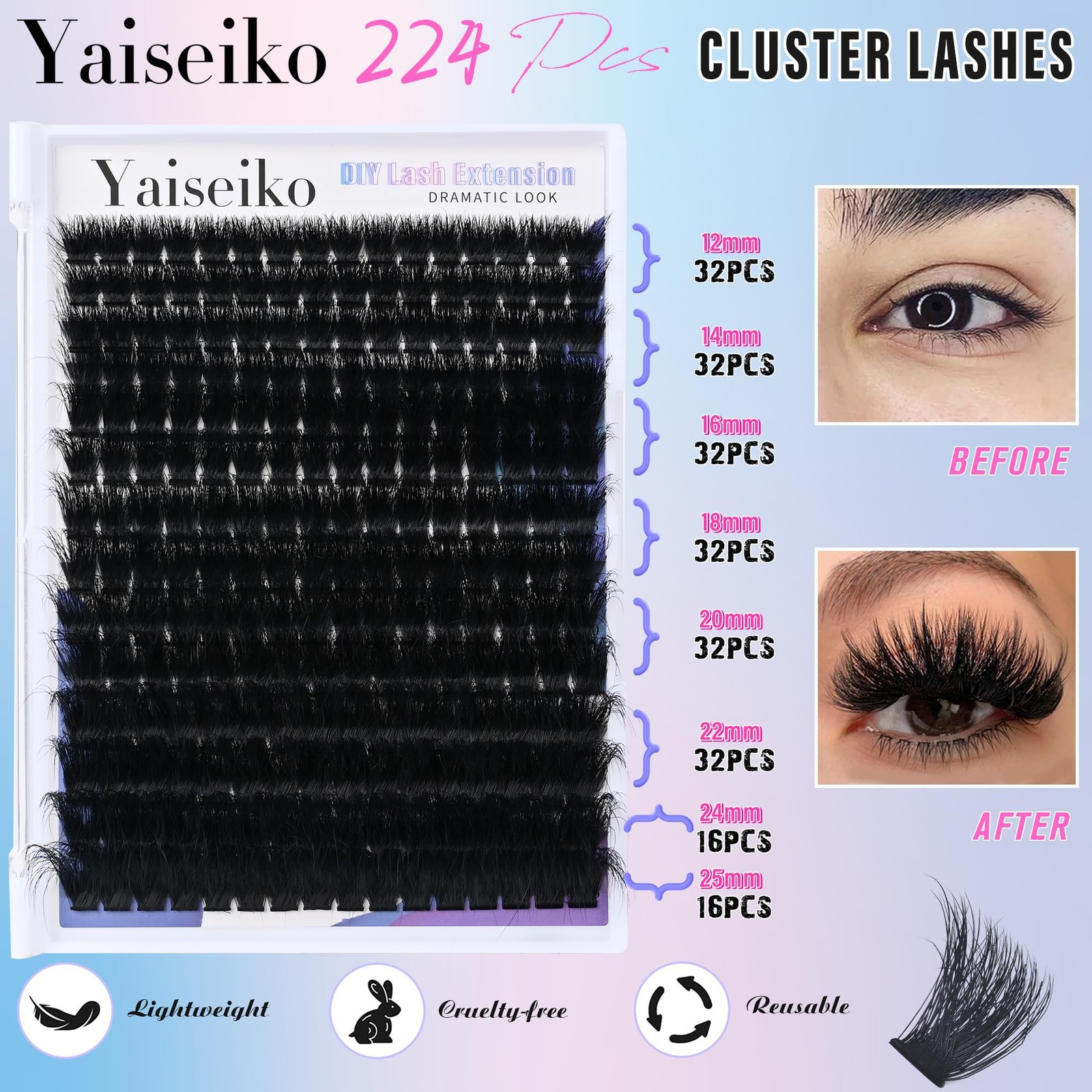 Lash Clusters 300D Thick Long 12-25mm Volume Cluster Eyelash Extensions 224Pc…
