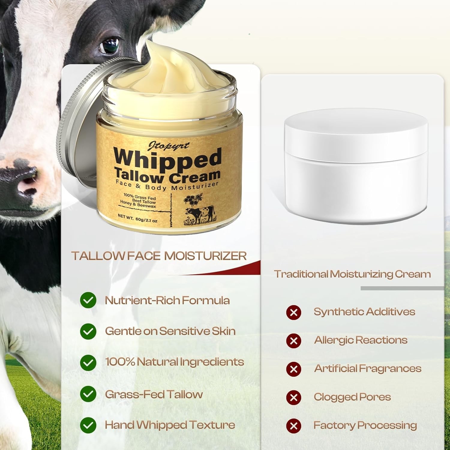 Organic Grass Fed Beef Tallow Honey Balm Face Moisturizer 2.1oz
