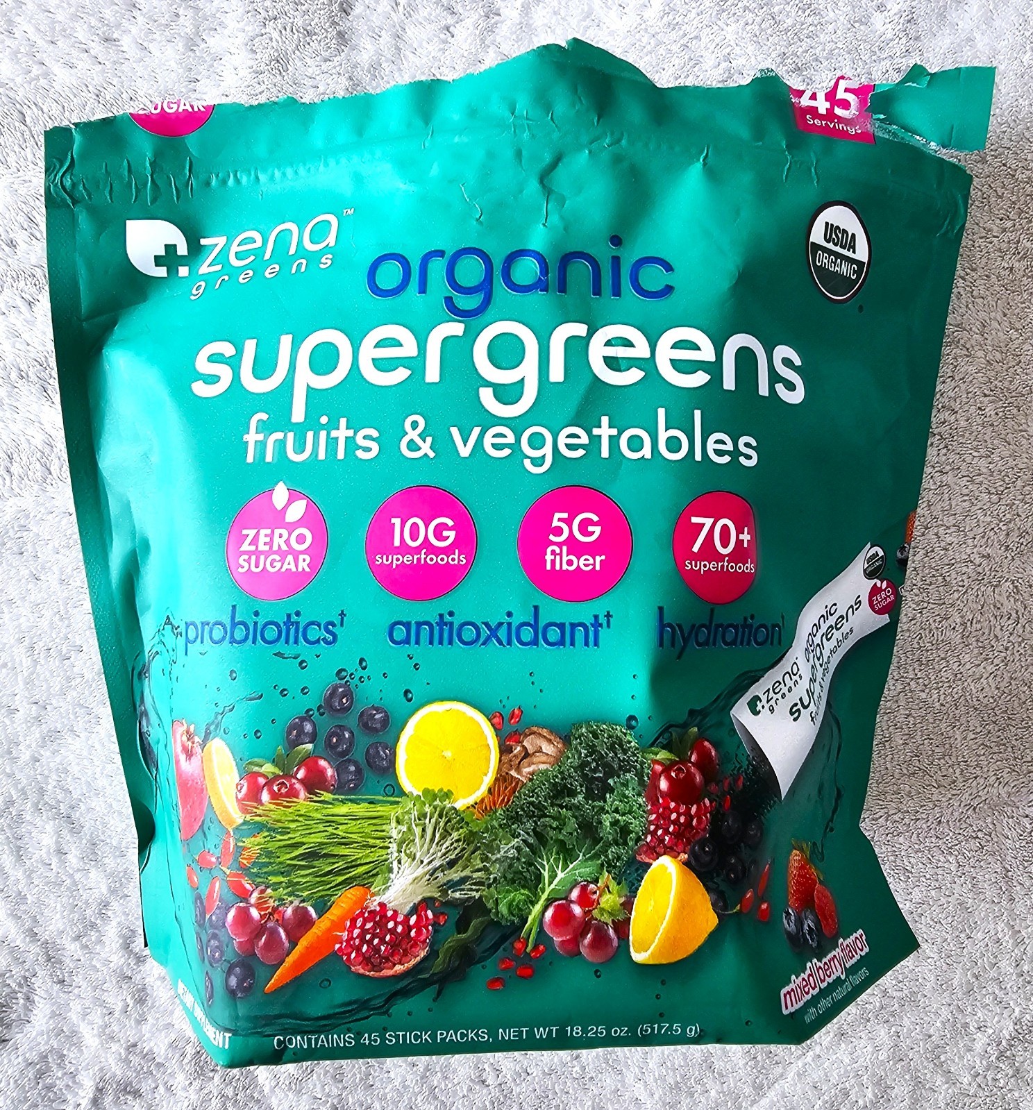 Zena Organic Super Greens Fruit & Vegatables Powder 32 Sealed Packets Open Box
