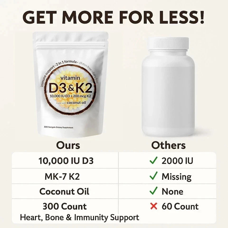 Vitamin D3 10000 iu Plus K2 (MK-7) 200 mcg, 300 Virgin Coconut Oil Softgels