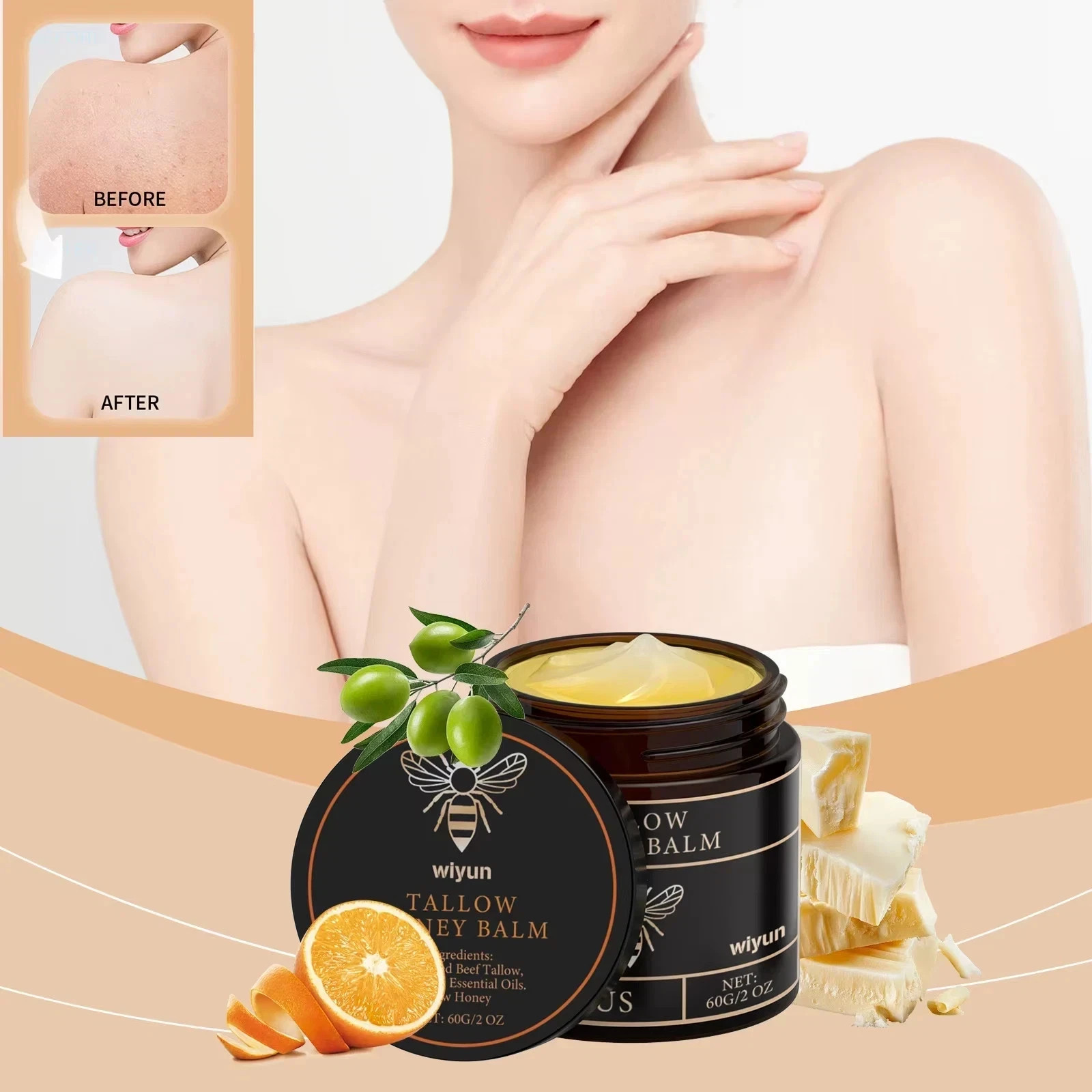Grass Fed Beef Tallow Honey Balm Moisturizing Skin Care Cream Face Body 2.12oz