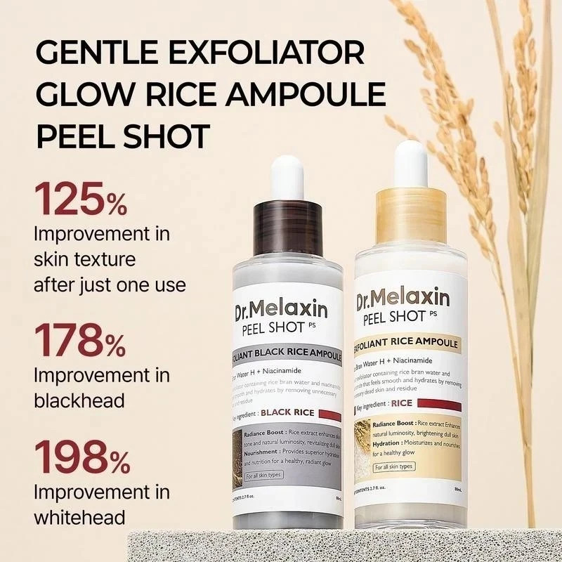 Dr.Melaxin Black & White Rice Peel Shot Ampoule, Gentle Acid Exfoliating Duo