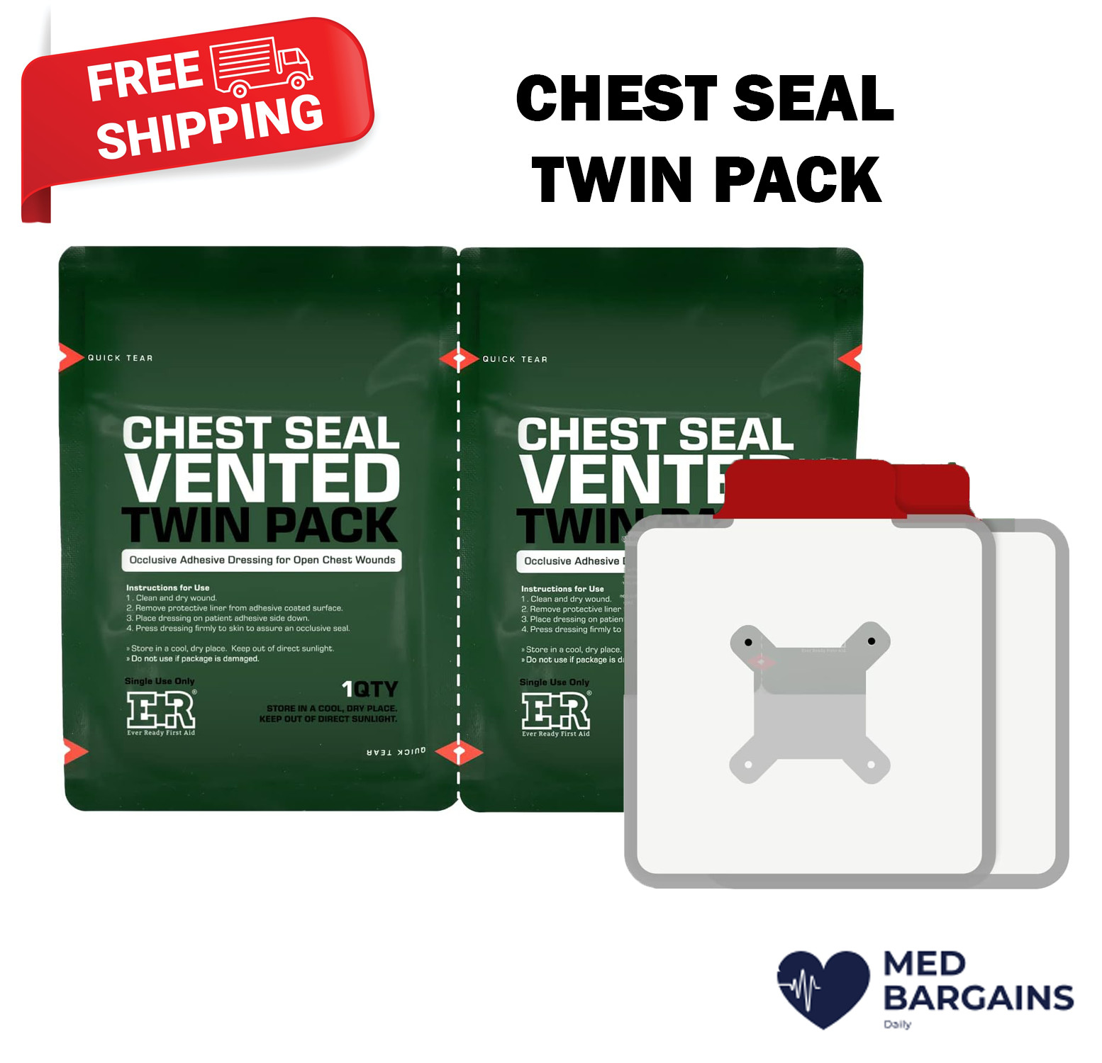 Ever Ready First Aid Vented Chest Seal Twin Pack for Wounds 6.6”