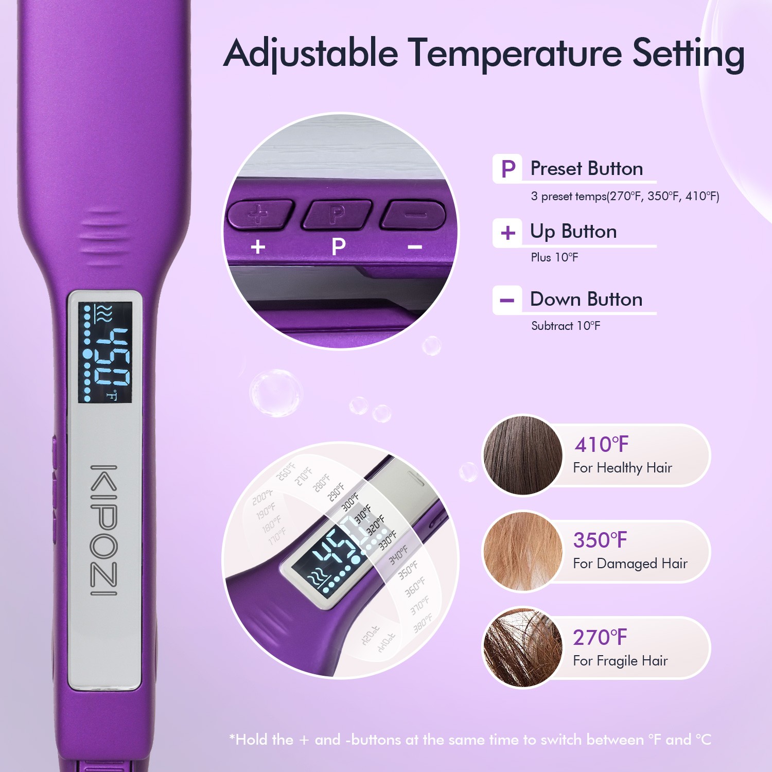 KIPOZI 1.75″ Salon Hair Straightener Titanium Flat Iron LCD Display Dual Voltage
