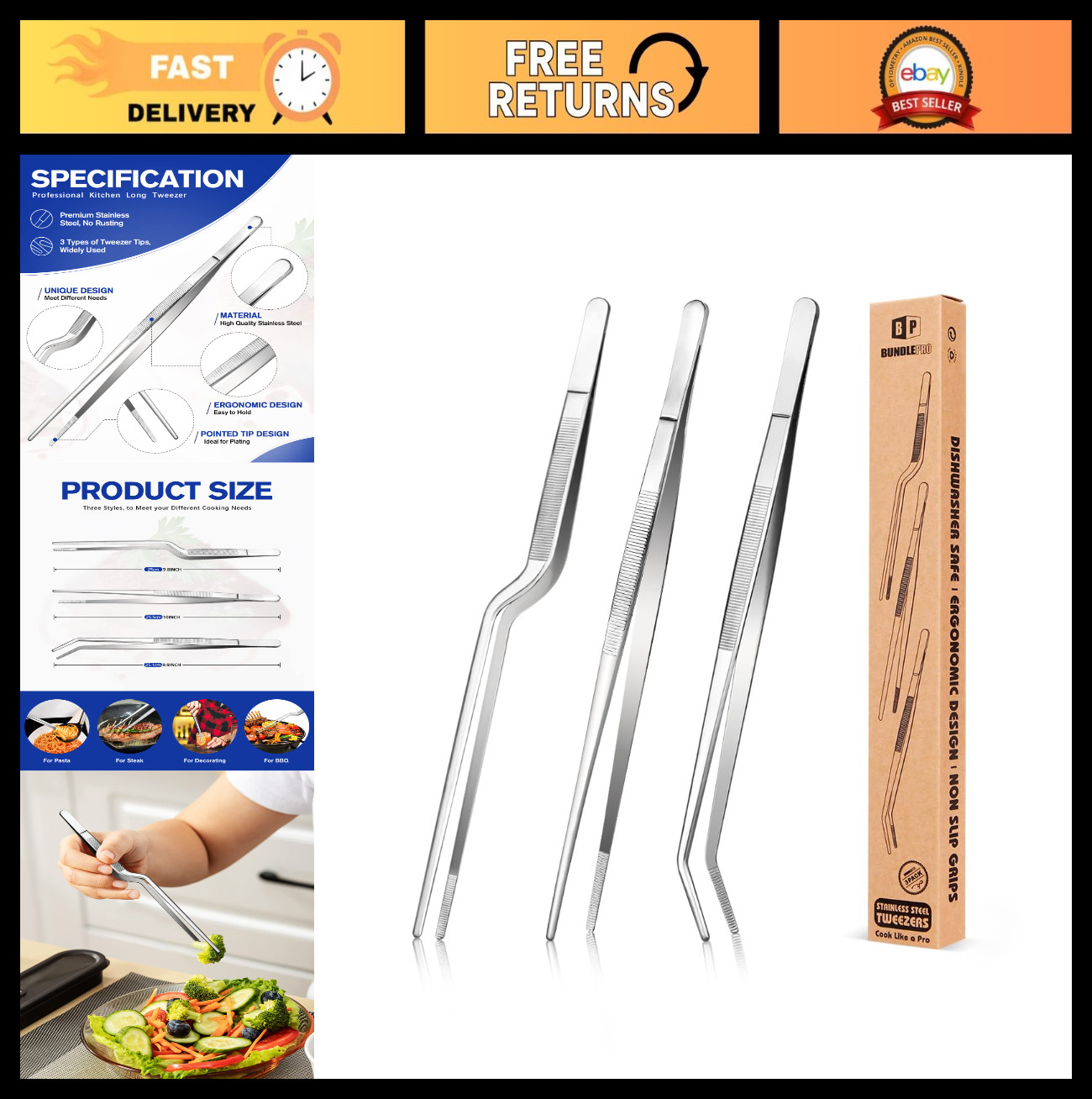 Professional Stainless Steel Cooking Tweezers Set – 10″ Long Food Tongs for Plat