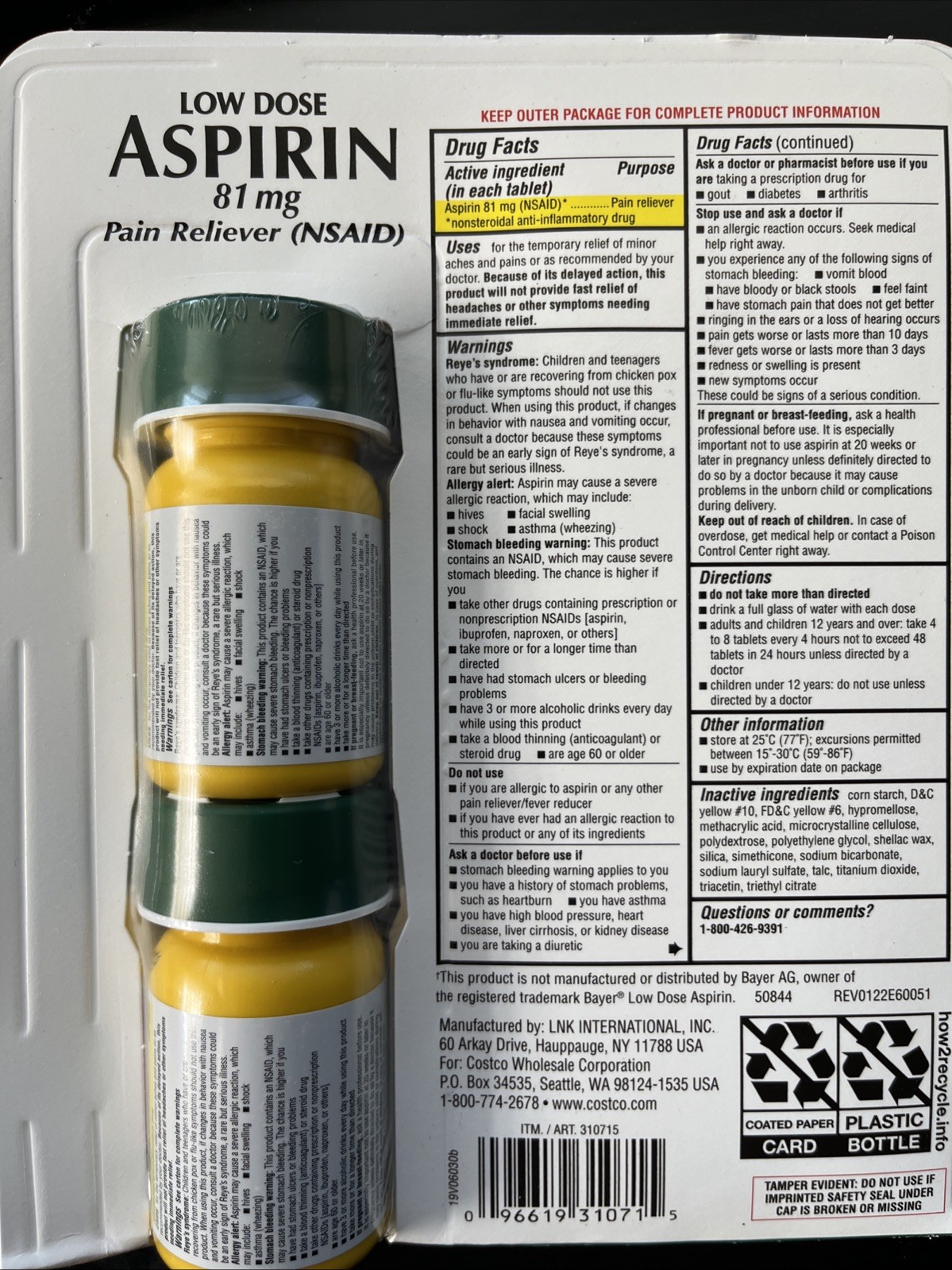 KIRKLAND SIGNATURE Low Dose Aspirin 81mg 730 Ct 2 Pack Exp 7/27