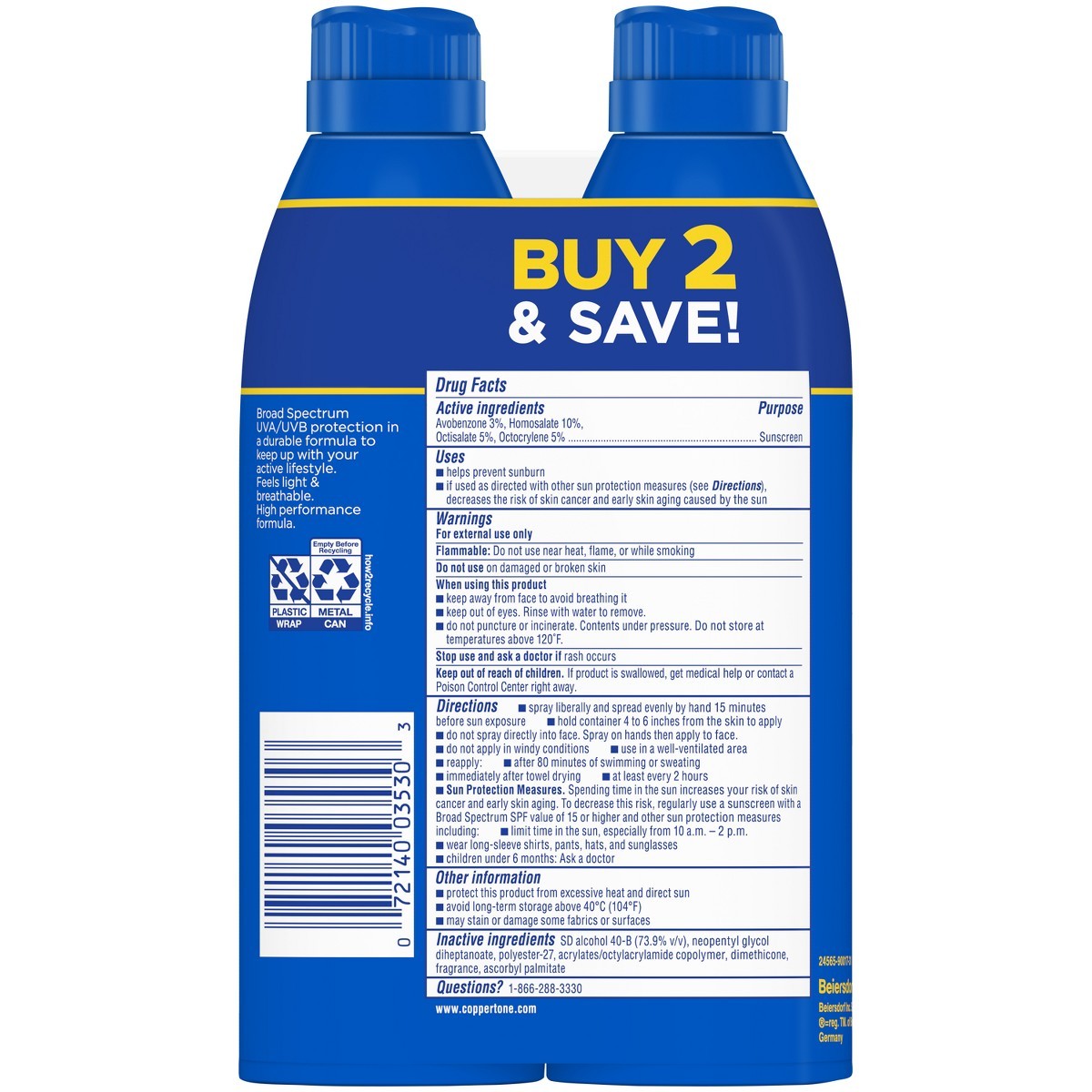 Coppertone Sport Sunscreen Spray – SPF 50-11oz – Twin Pack: Paraben-Free,Scented