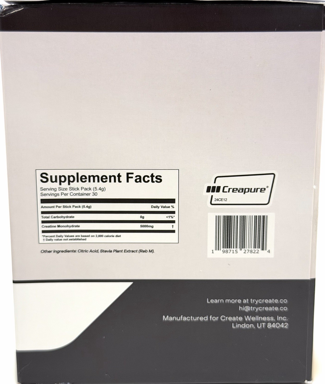 Create Creatine Monohydrate On-The-Go Sticks Unflavored 30 Ct. Exp 08/2027.
