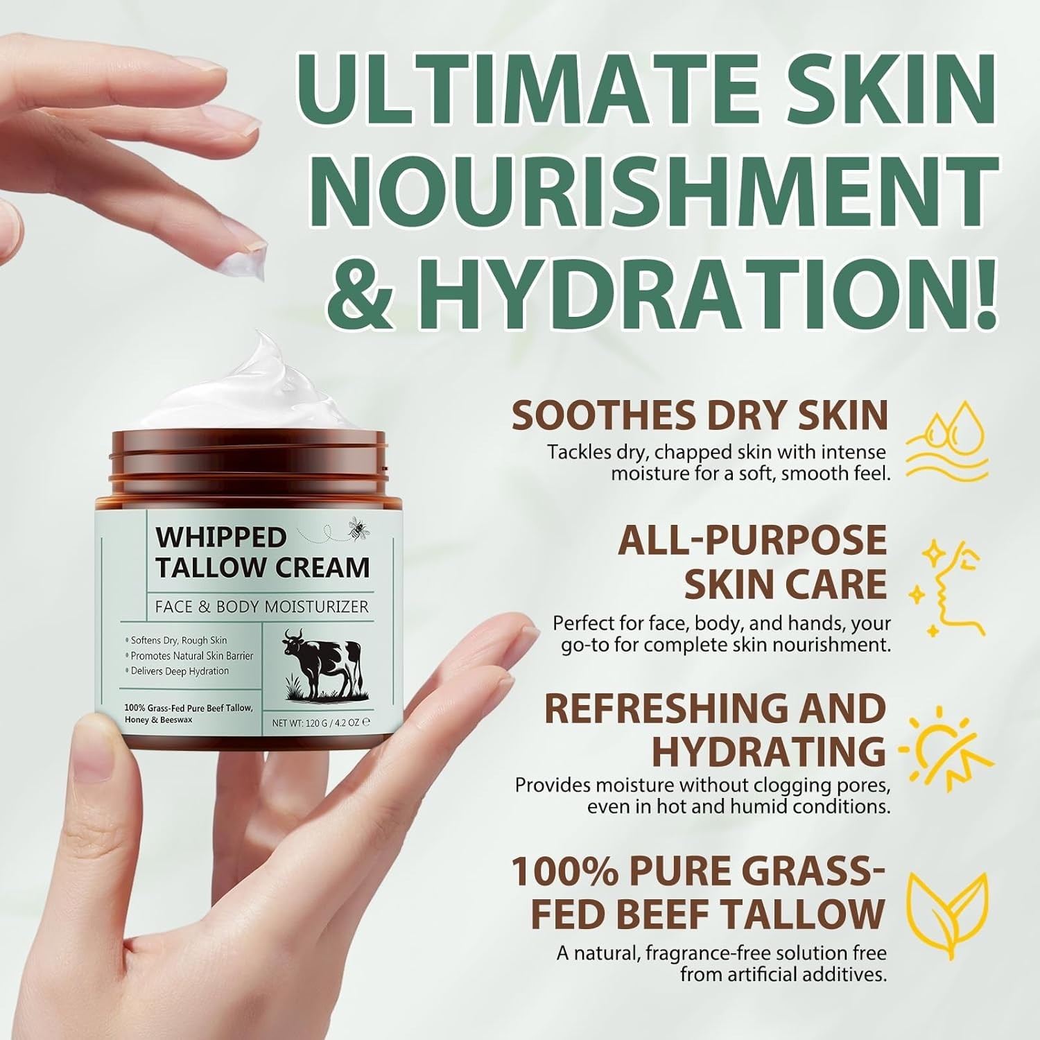 Grass Fed Whipped Beef Tallow Balm Honey Face Body Cream 4.2oz