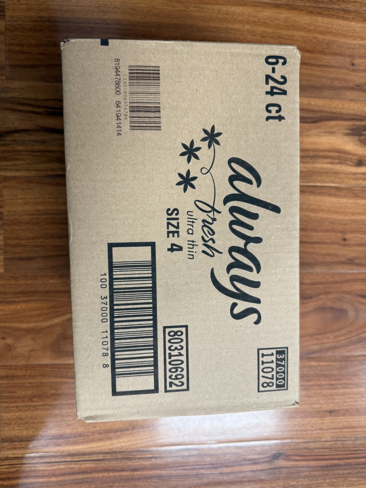 ALWAYS FRESH ULTRA THIN OVERNIGHT SIZE 4 – 24 CT 6 PACKS PER BOX 144 PCS TOTAL