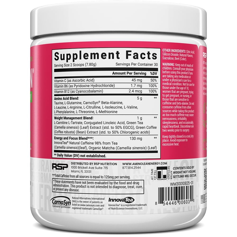 RSP Nutrition AminoLean Pre Workout Powder, Amino 30 Servings, Light Red