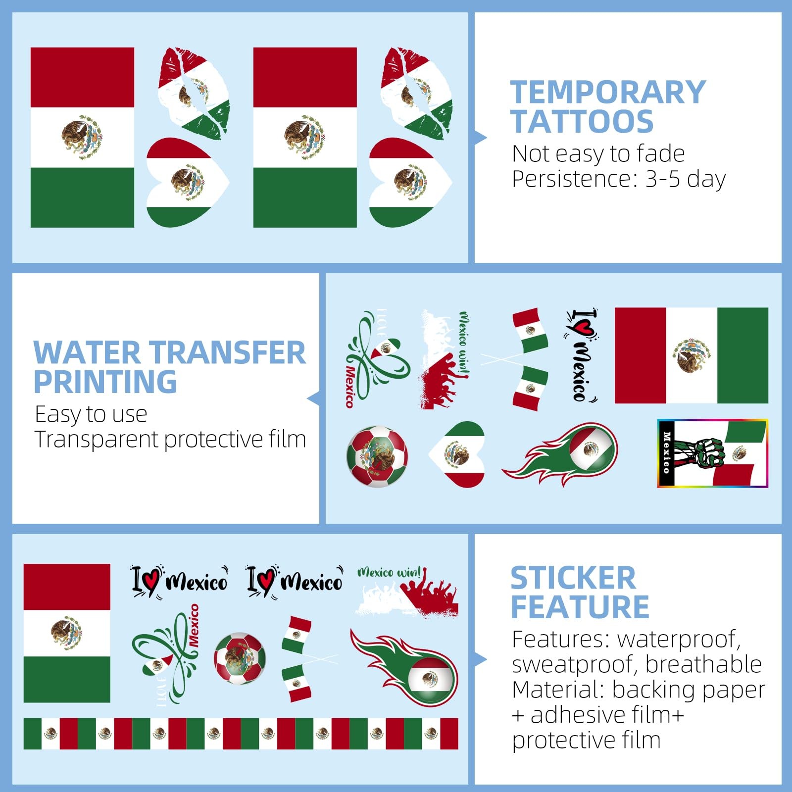 16 Sheets 12×6CM Temporary world cupFlag Tattoos, Face Medium, colorful