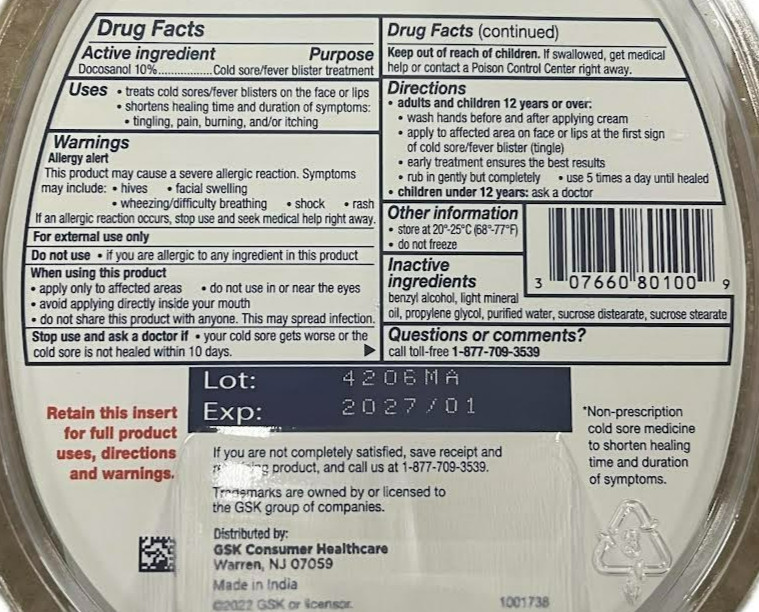 Abreva Cold Sore Fever Blister Treatment 2g (.07 Oz), EXP 01/2027