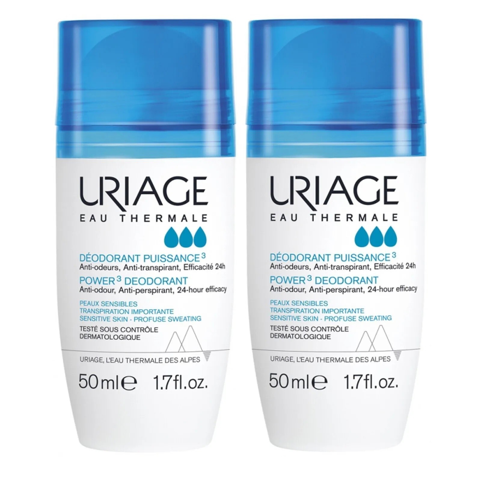 2 X Uriage Power 3 Anti-Odor Antiperspirant Roll On Deodorant 50mI Exp 06/2027