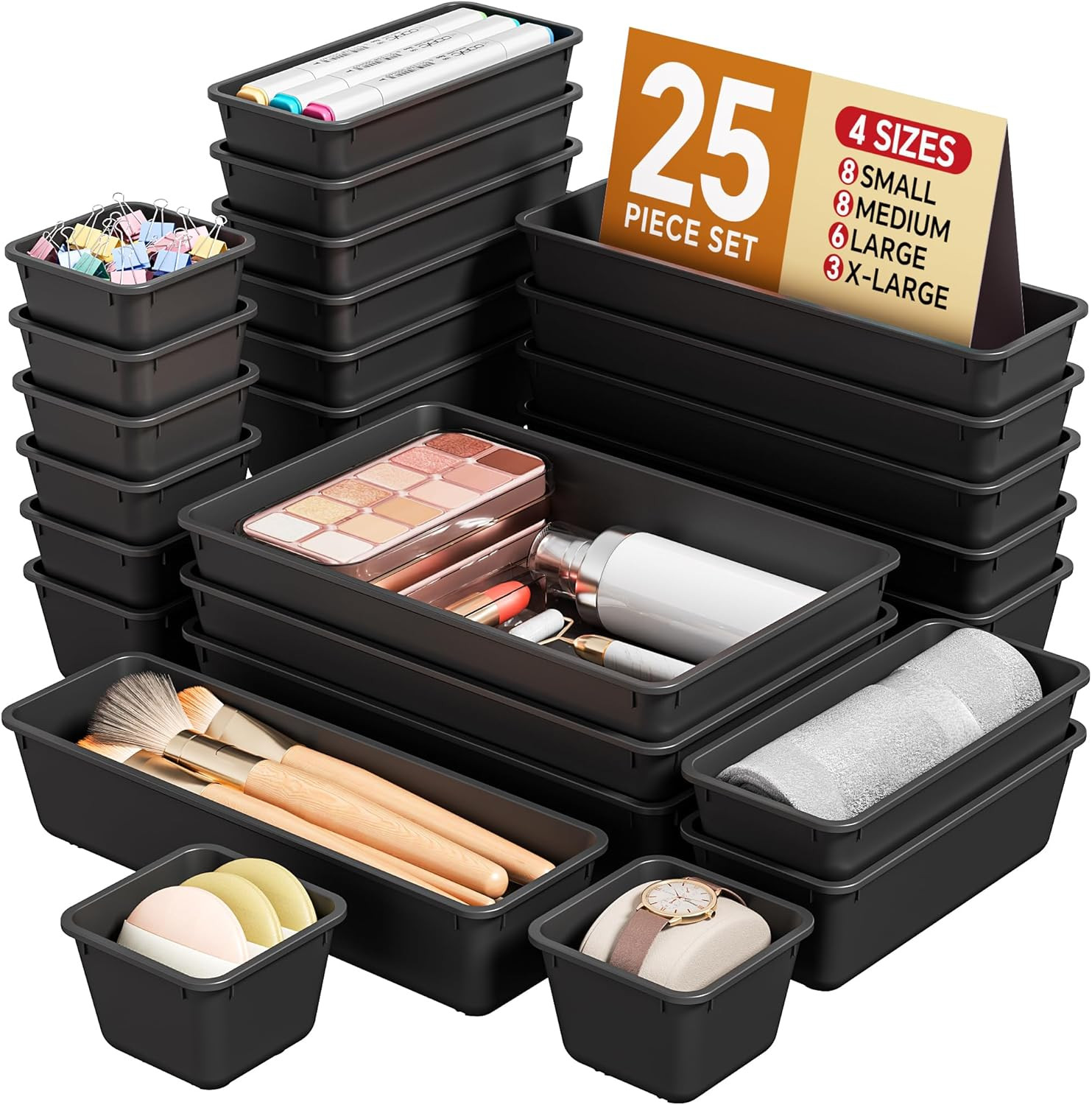 25 PCS Plastic Drawer Organizers Set, 4 Sizes Vanity Organizer, Makeup and Desk