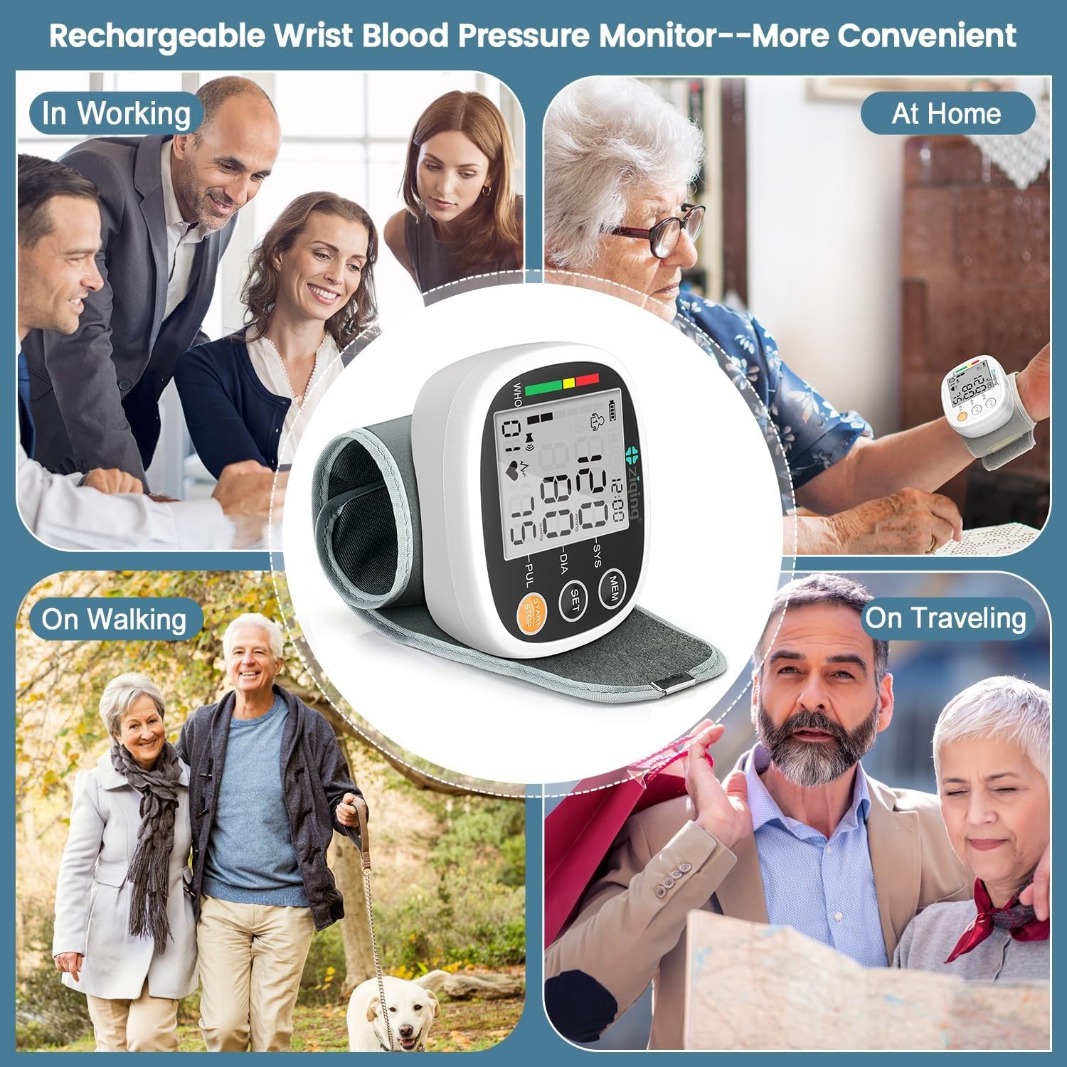 Wrist Blood Pressure Monitor Rechargeable Voice LCD 2×99 Memory Free Ship