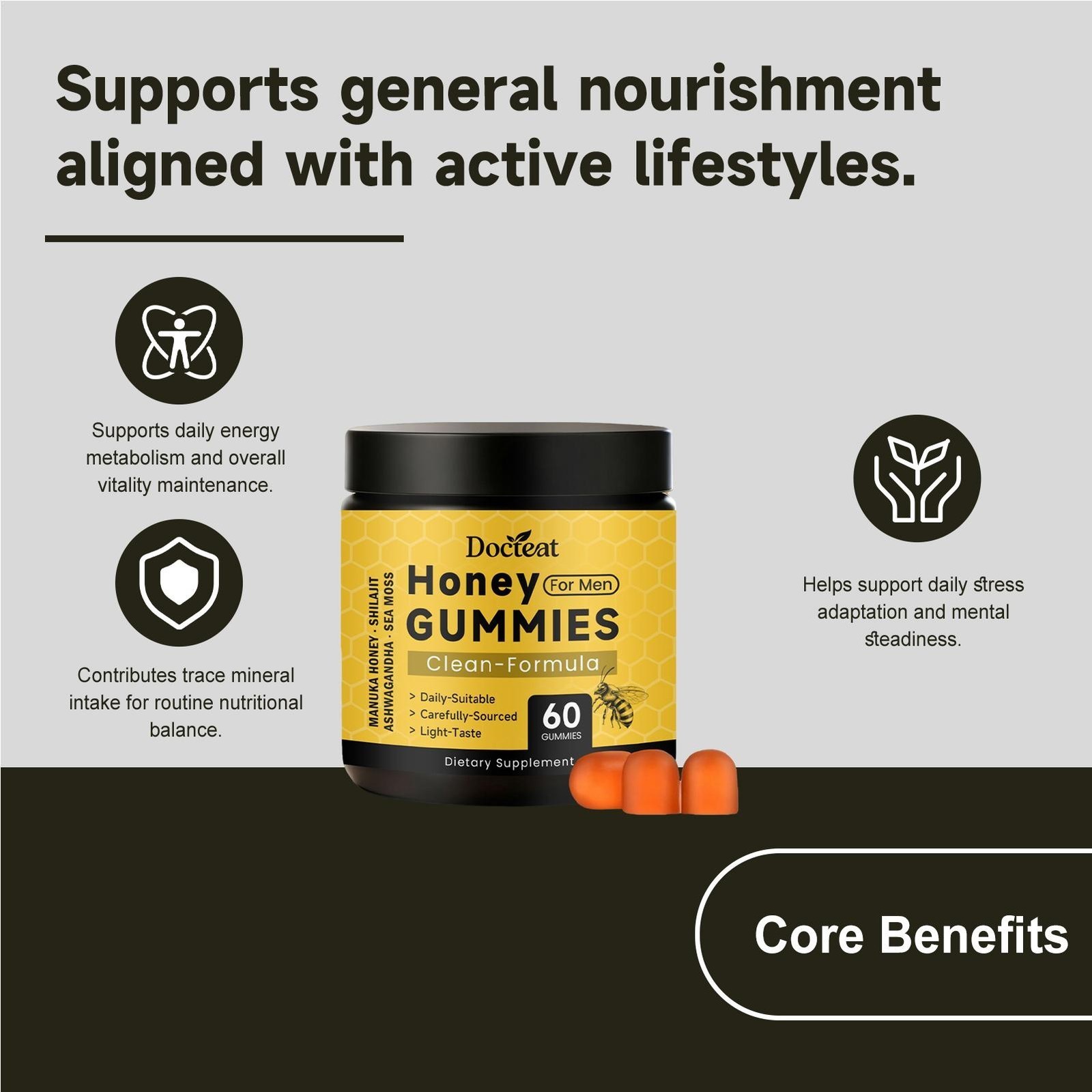 Honey Gummies for Men, Vitality Booster Manuka Honey Gummies 60 Counts US