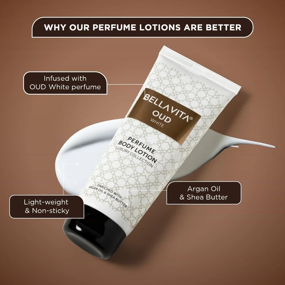 Bella Vita Luxury OUD WHITE Perfume Body Lotion Argan Oil and Shea Butter 200 Ml