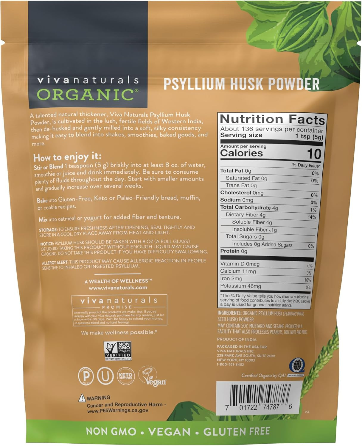 Organic Psyllium Husk Powder, 24 Oz – Finely Ground, Unflavored, Vegan, Keto, Pa