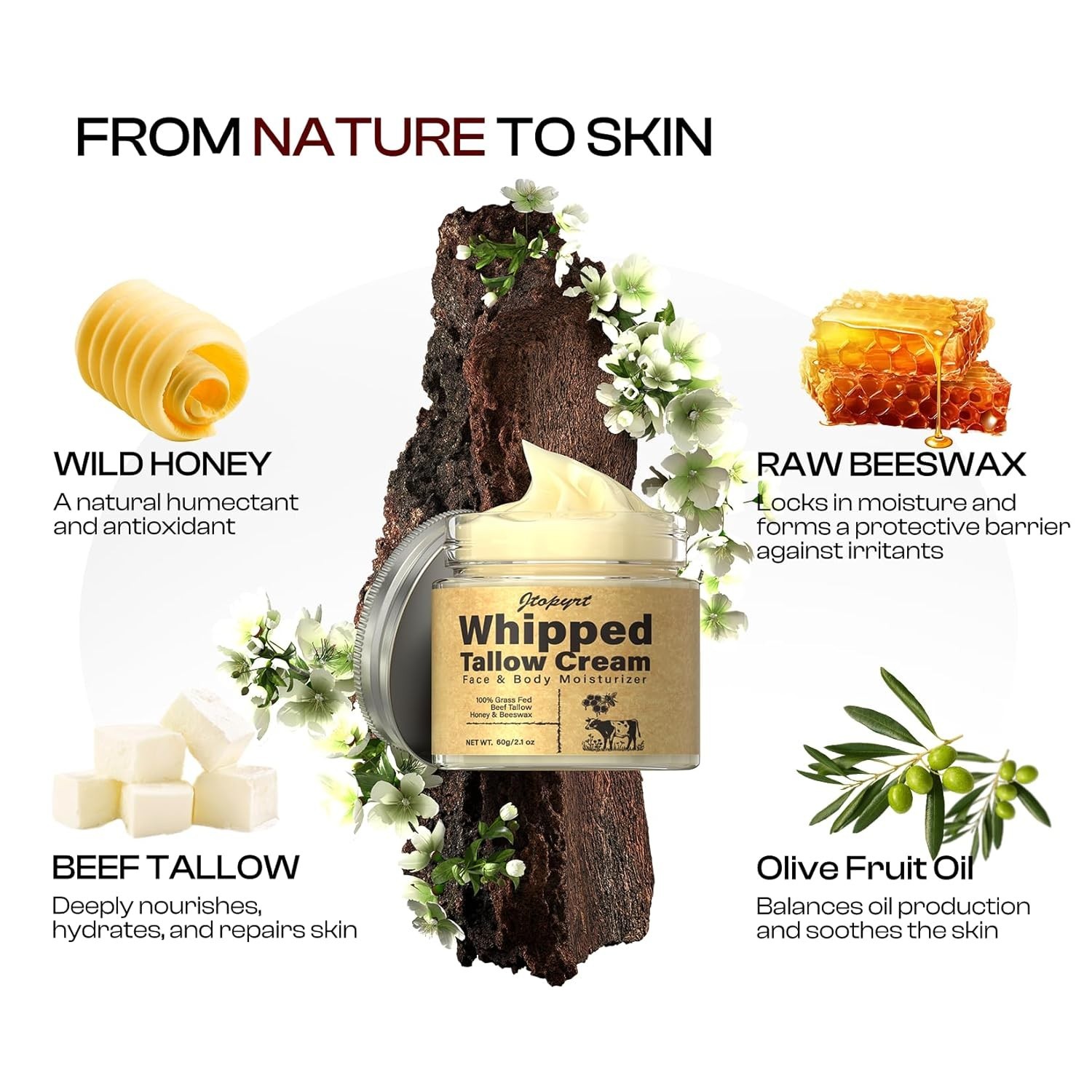 Organic Grass Fed Beef Tallow Honey Balm Face Moisturizer 2.1oz