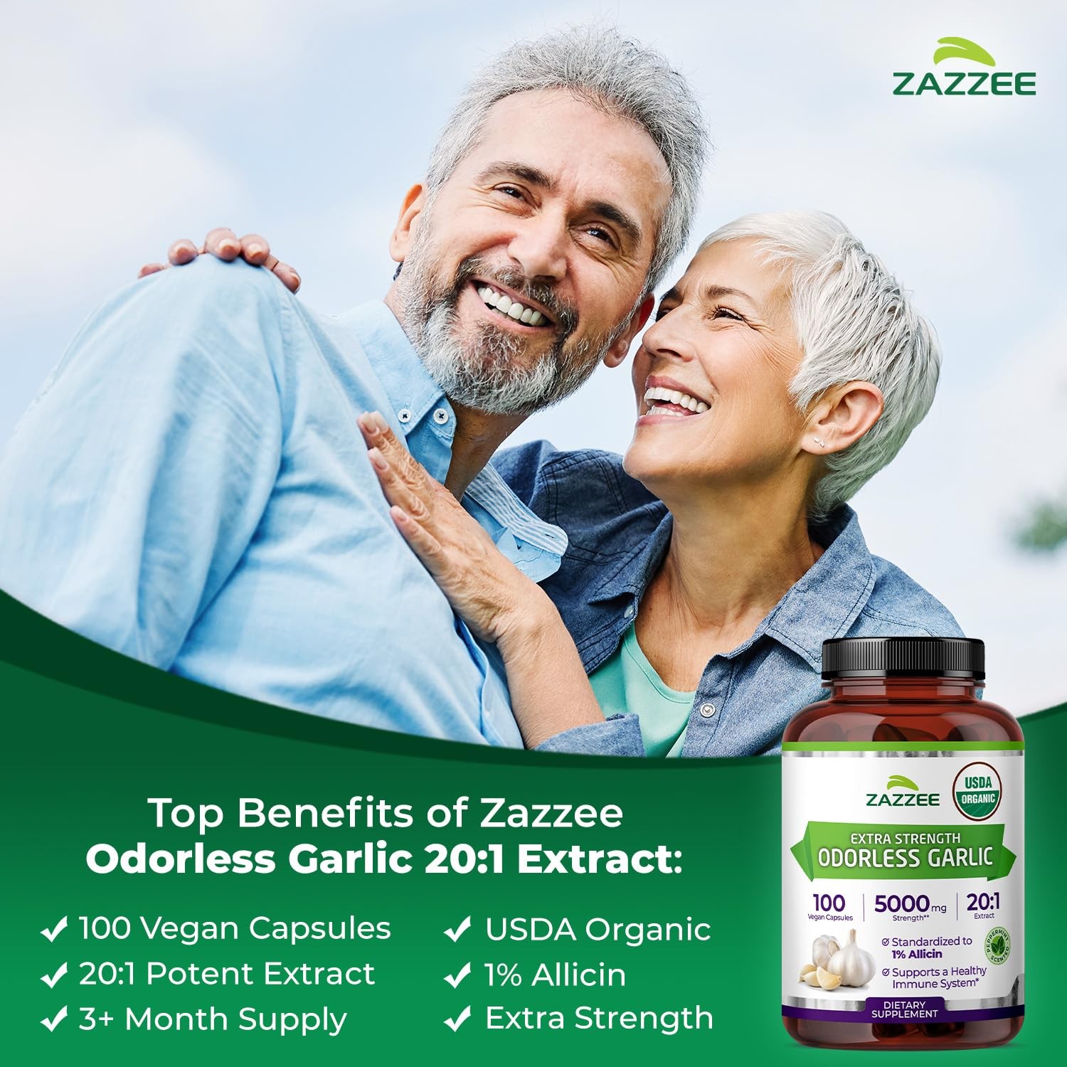 USDA Organic Odorless Garlic 201 Extract, 1% Allicin, 100 Vegan Capsules, 3+ …