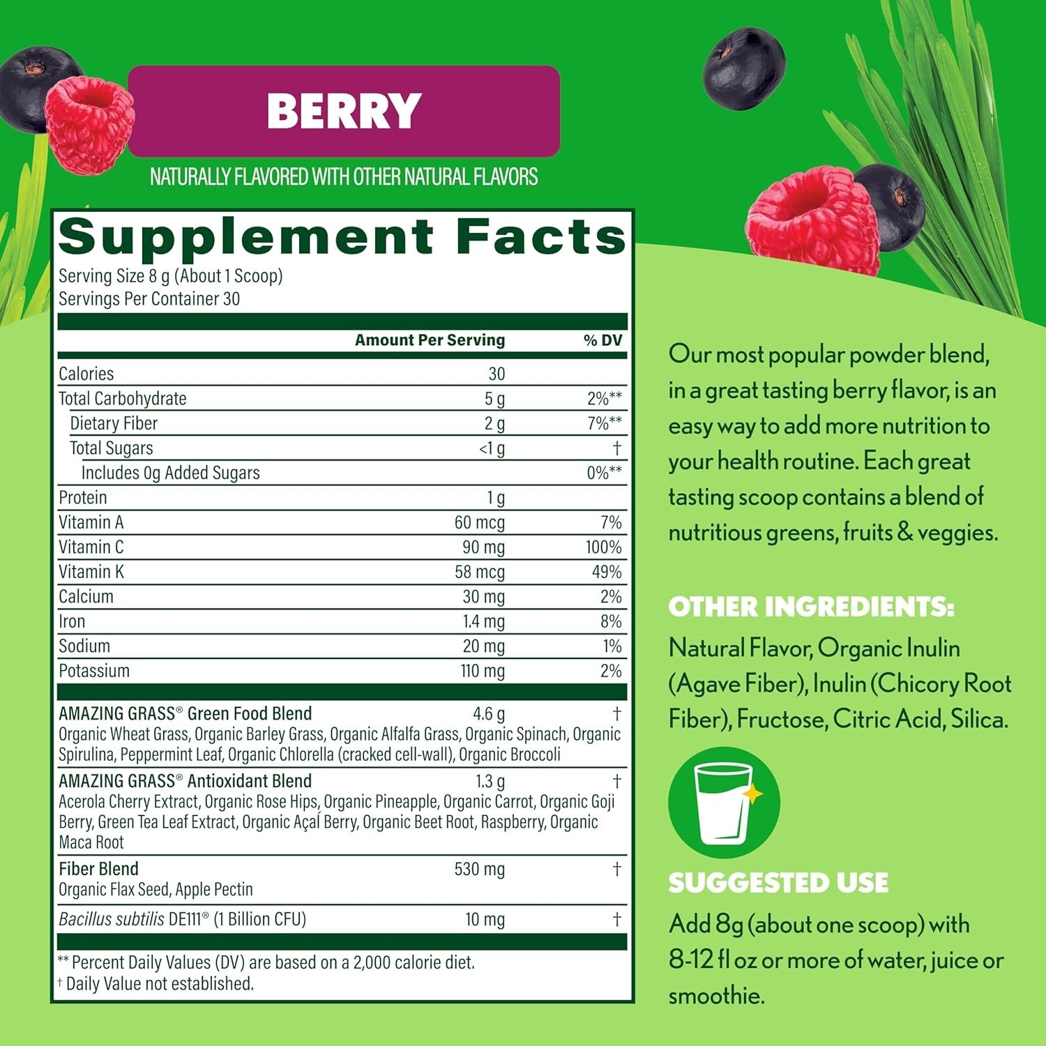 30 Servings Berry-Flavored Organic Superfood Powder with Spirulina & Probiotics