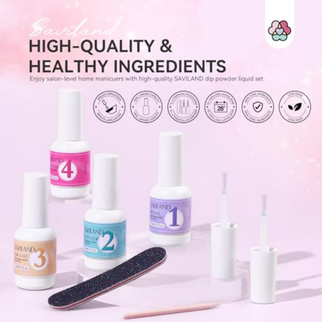 Dip Powder Liquid Set: 4 Pcs Nail Dip Liquid Set with Base Activator Top Coat an