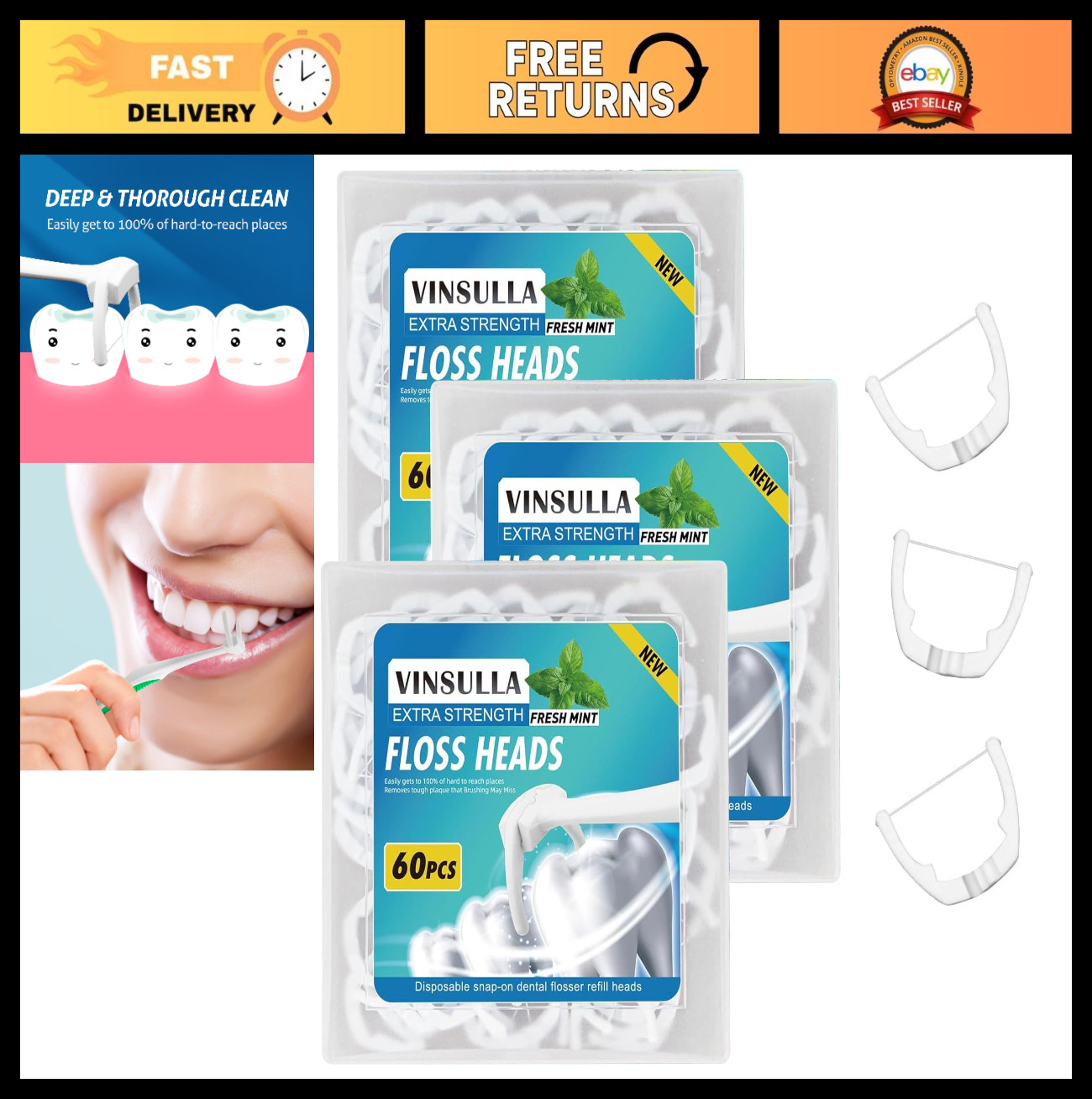 Mint Flosser Refill Heads – 60 Count Pack of 3, Compatible with Ultraclean Acces
