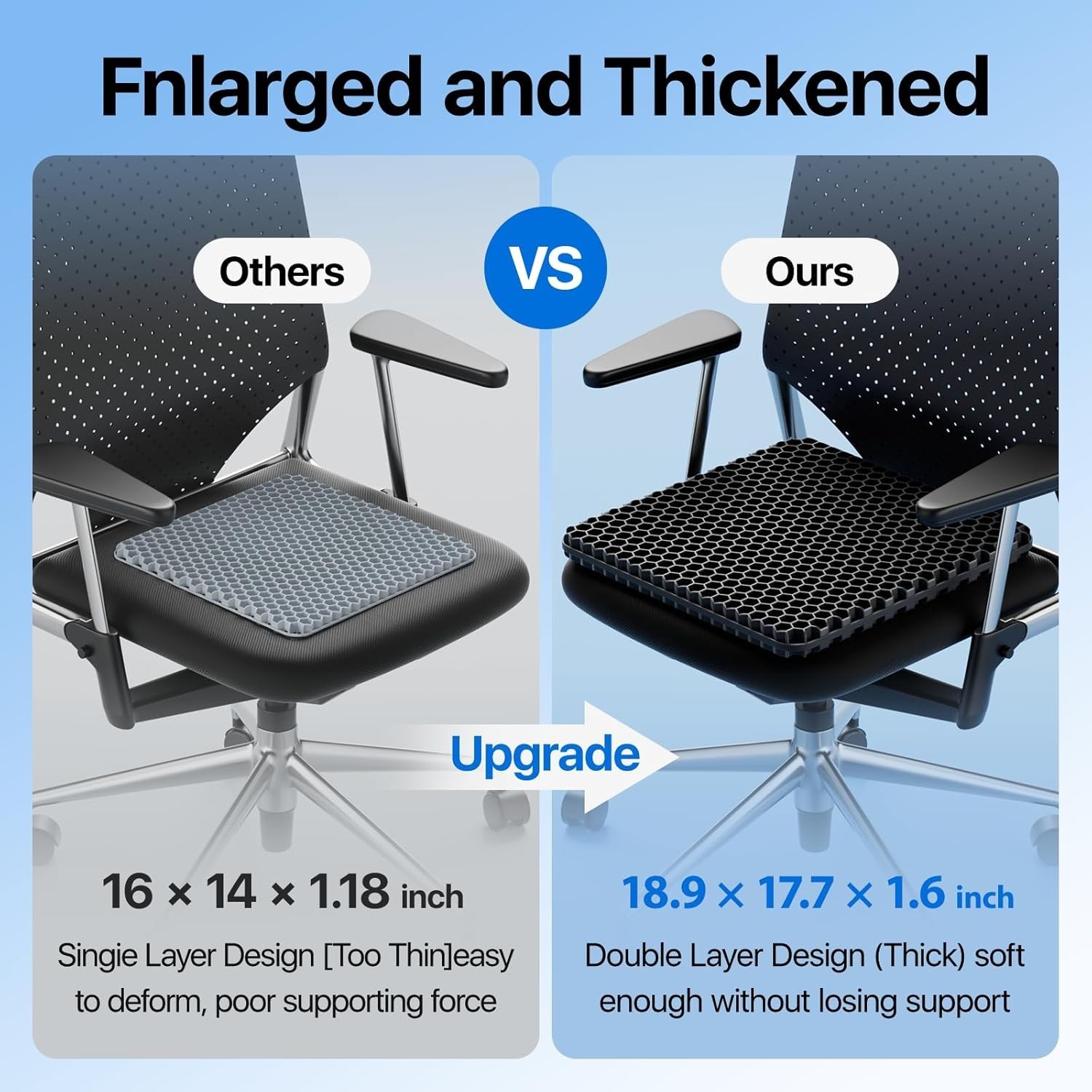 Black Gel Seat Cushion 18.9×17.7×1.6in, Breathable, Double-Layer Design
