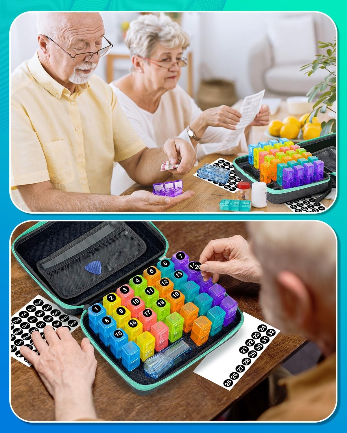 31-Day Pill Organizer with Cutter & Stickers, Portable Hard Shell, 3x Daily Use