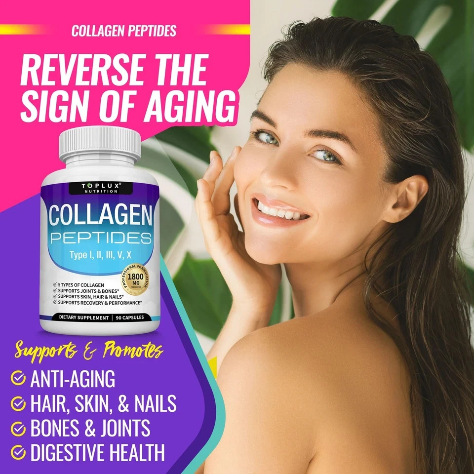 Toplux Multi Collagen Peptides 1800mg Types I II III V X 180 Capsules–
