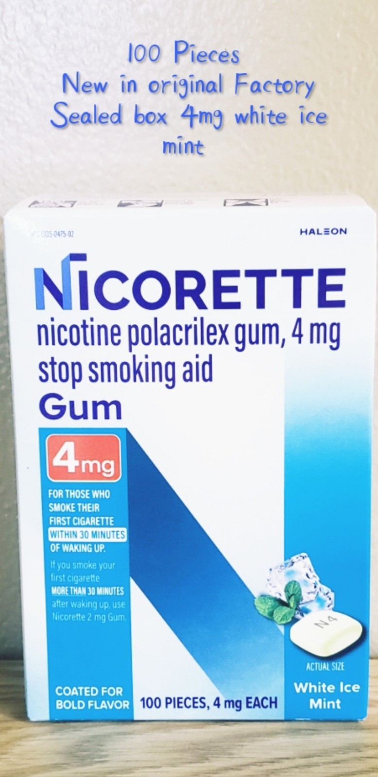 Nicorette Nicotine Stop Smoking Aid gum White Ice Mint 4mg 100-P New box 12-2028