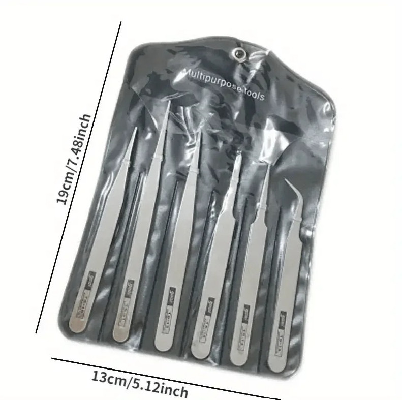 6pcs Stainless Steel Solid Tweezers Set Precision Elbow Tools Silver – NEW