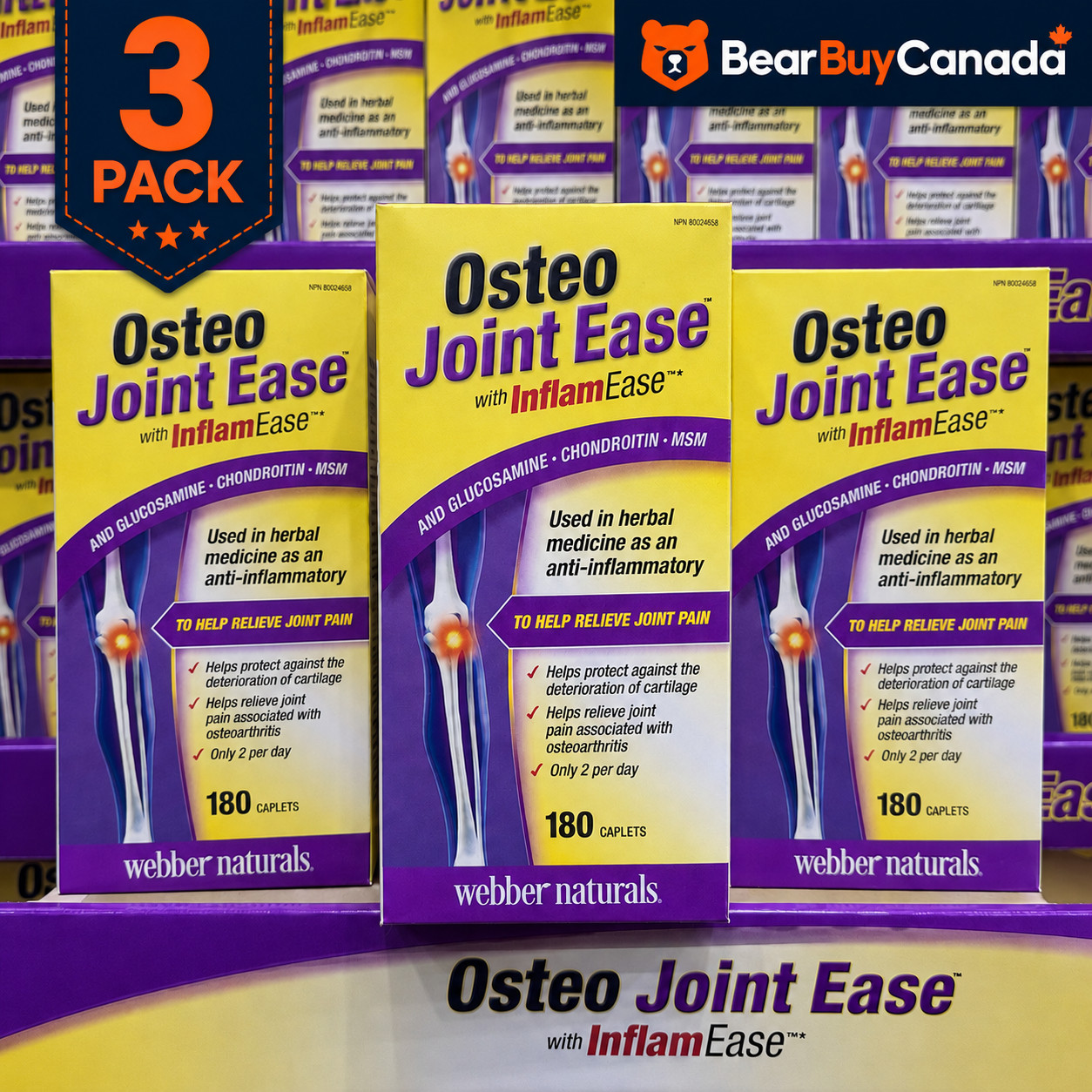 3-Pack Webber Naturals Osteo Joint Ease Glucosamine MSM 540 Caplets Exp:12/2029