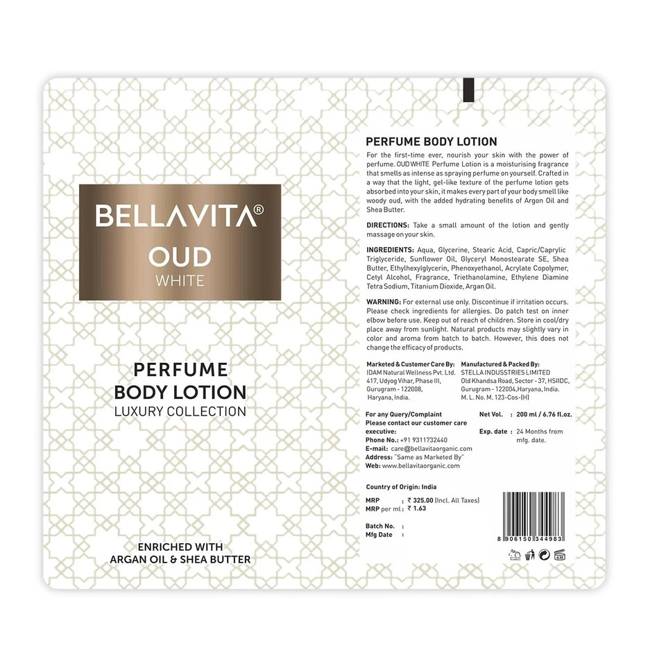 Bella Vita Luxury OUD WHITE Perfume Body Lotion Argan Oil and Shea Butter 200 Ml