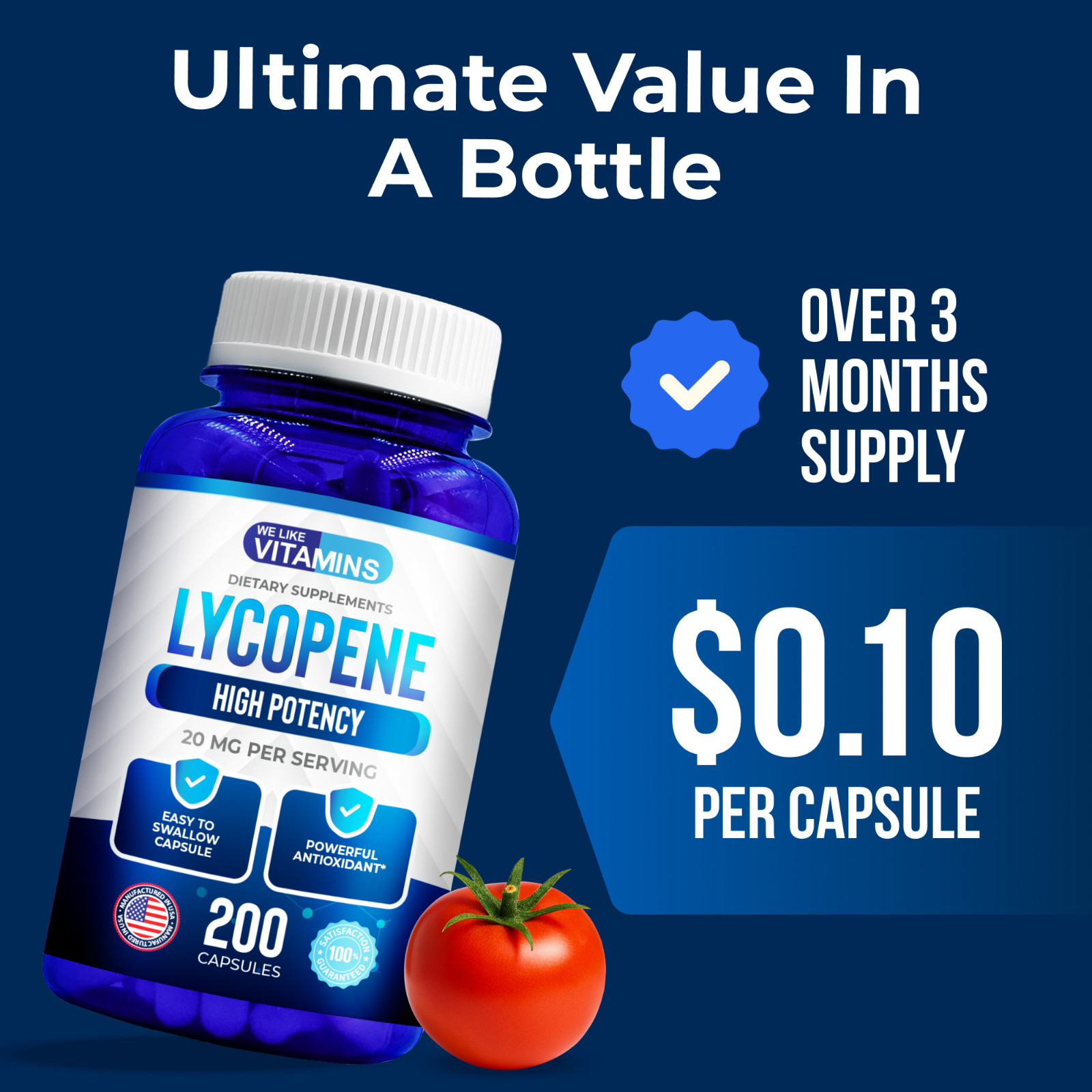 Lycopene 20mg Per Serving 200 Capsules Supplement Antioxidant Prostate Health