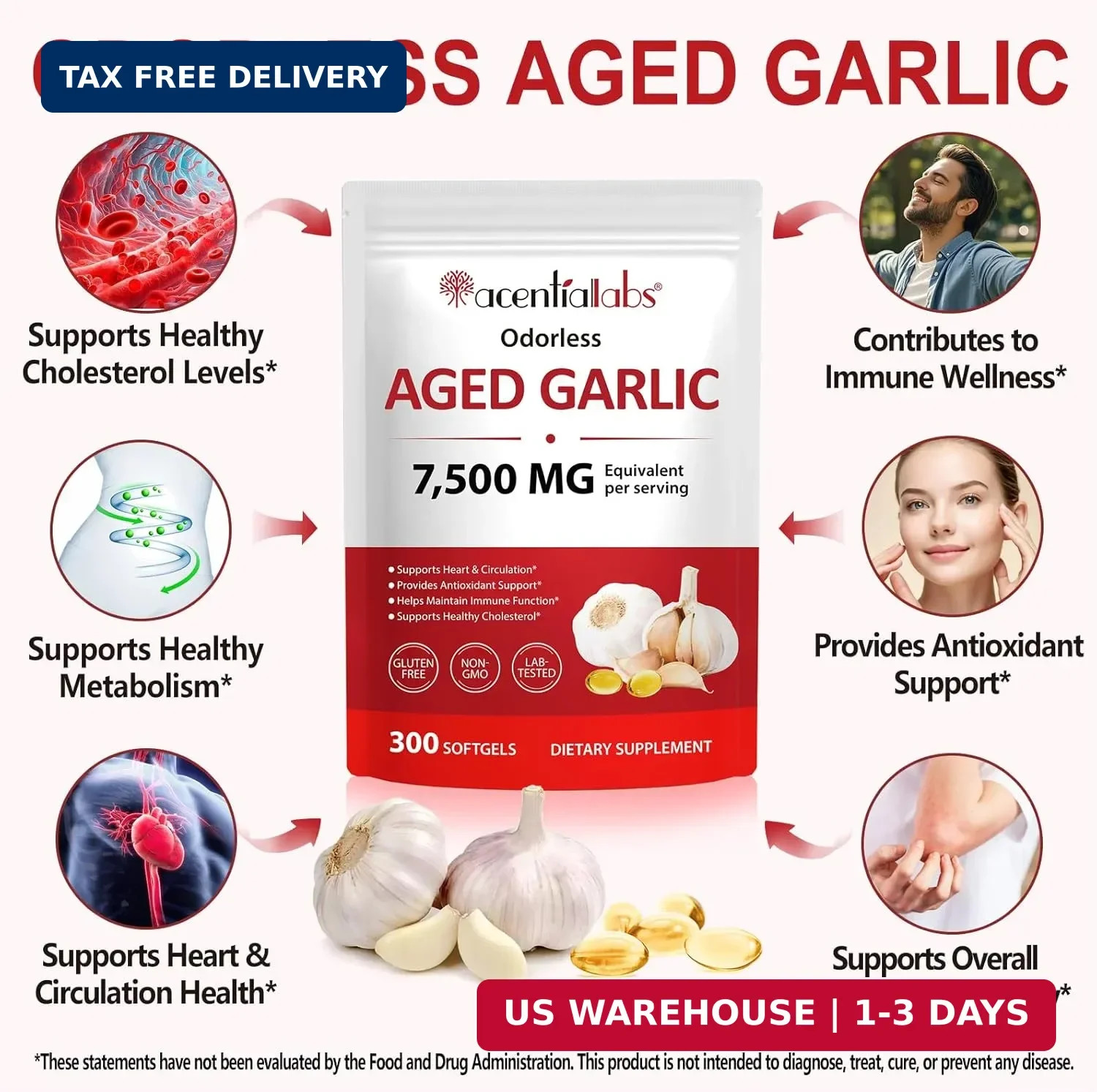 Odorless Garlic 7500Mg per Servings, 300 Softgels | 2 Years Aged Garlic Extra…