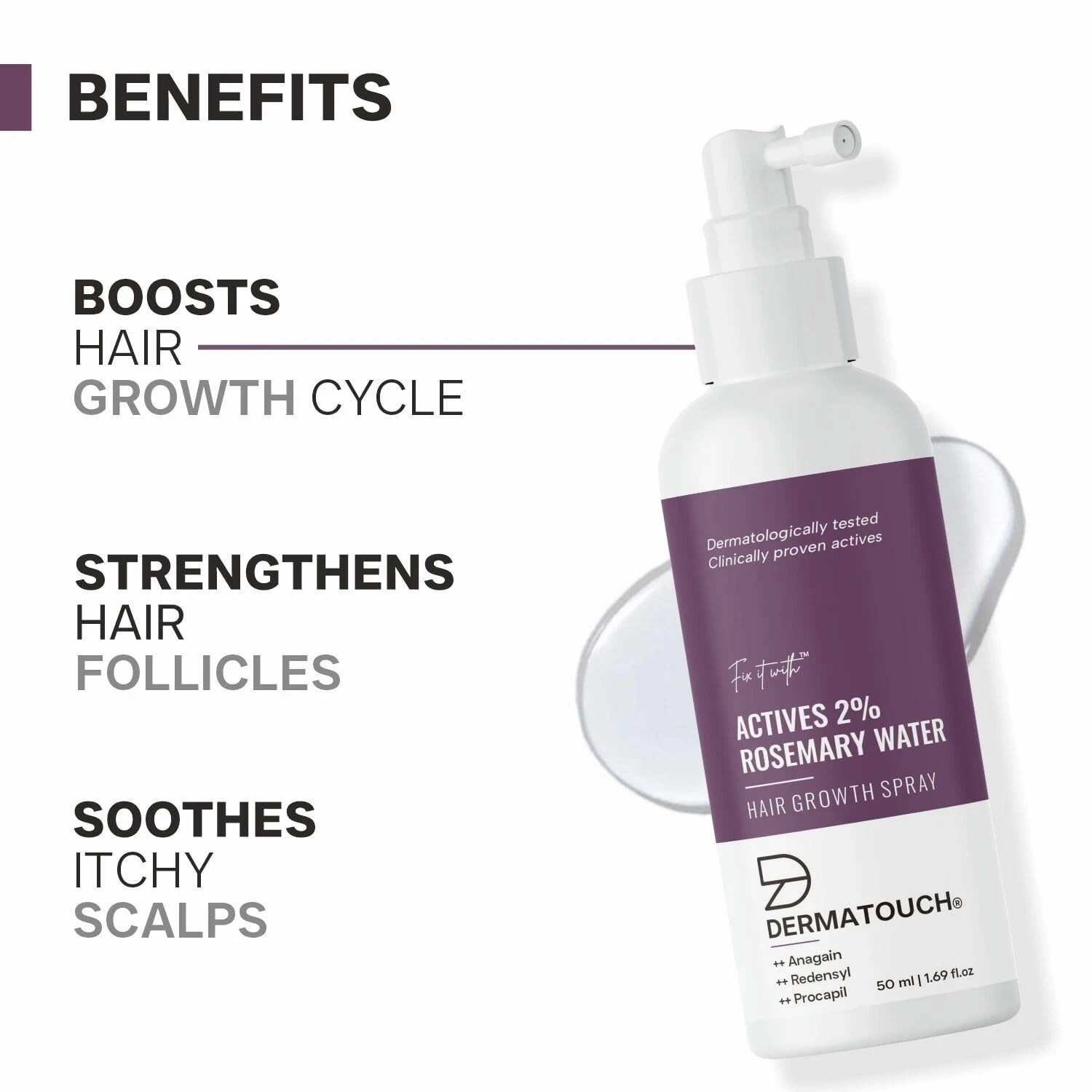 DERMATOUCH Rosemary Water Spray For Hair Growth & Fall Control, Adds Shine 50ml