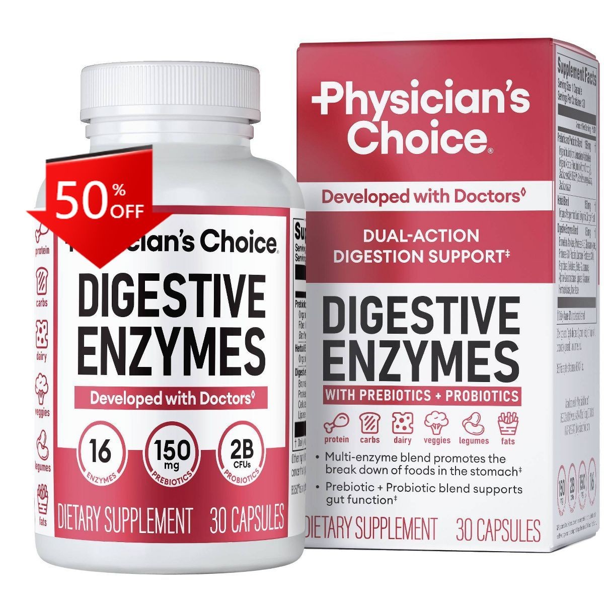 Physician’s Choice Digestive Enzyme Probiotic Capsules – 30ct: 2 Billion CFUs