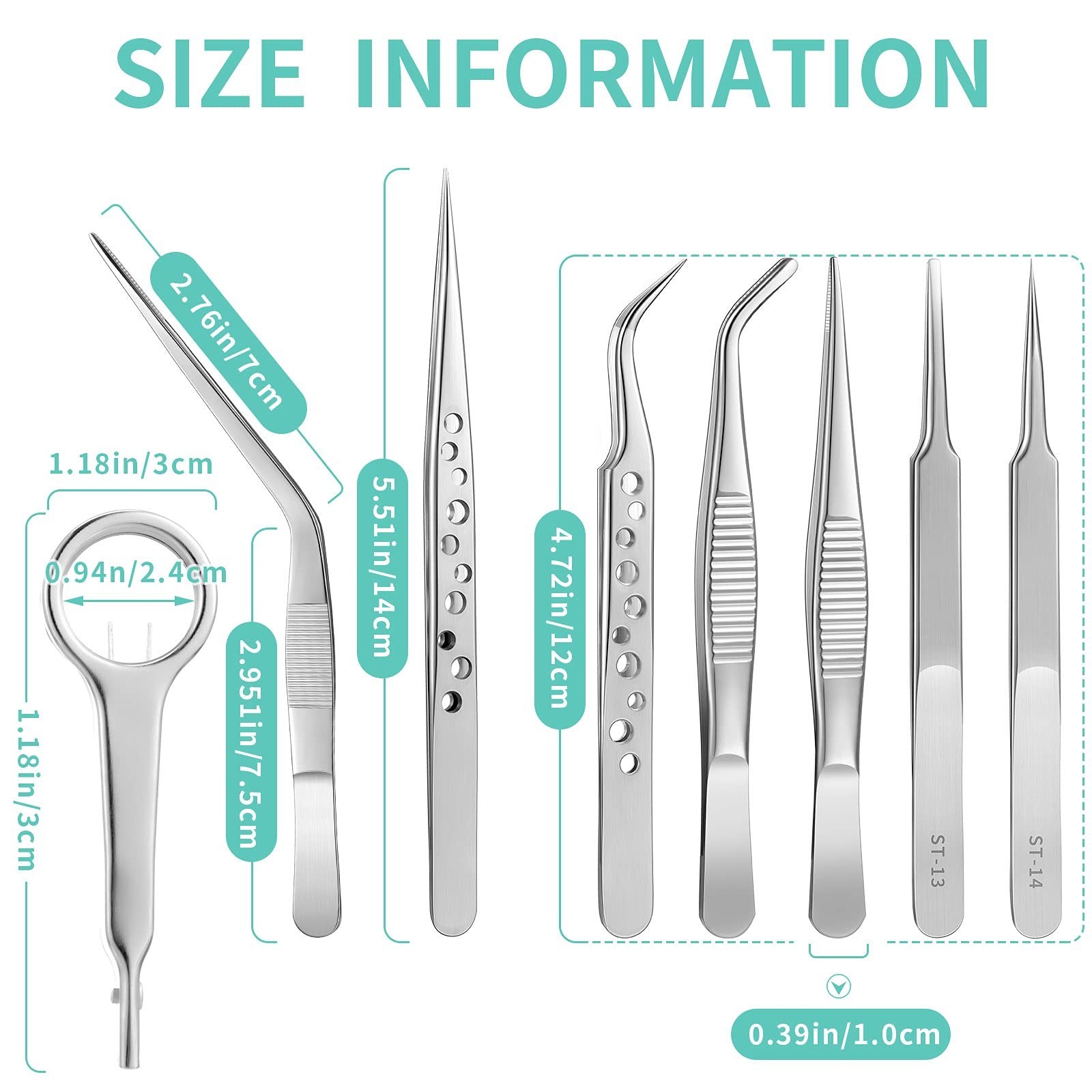 8 Pcs Stainless Steel Tweezers Set with Magnifying Glass – Curved, Straight & Fl