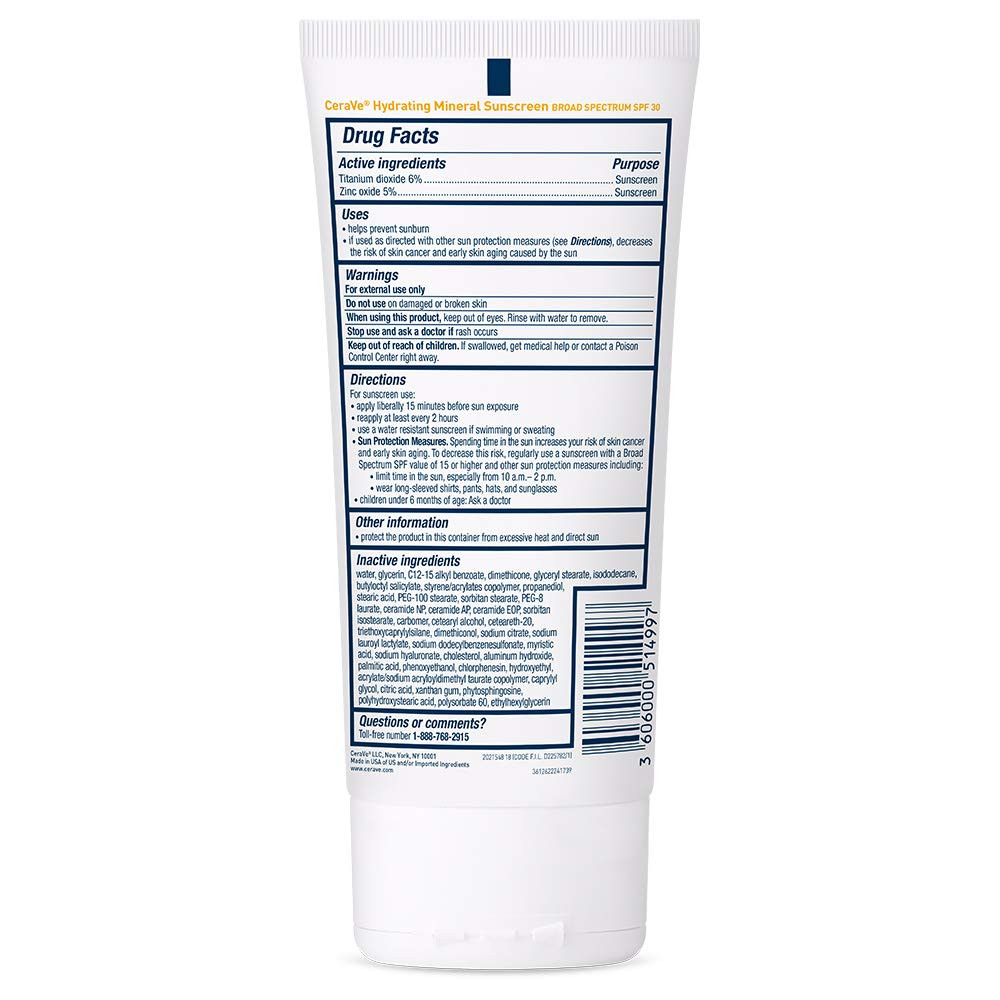 Cerave 100% Mineral Sunscreen SPF 30 with Zinc Oxide & Titanium Dioxide, Hyaluro